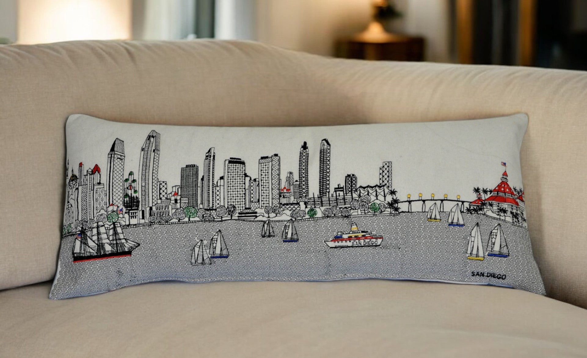14" X 35" Cream Hometown Pride Wool Lumbar Throw Pillow-Accent Throw Pillows-DECOROLALA