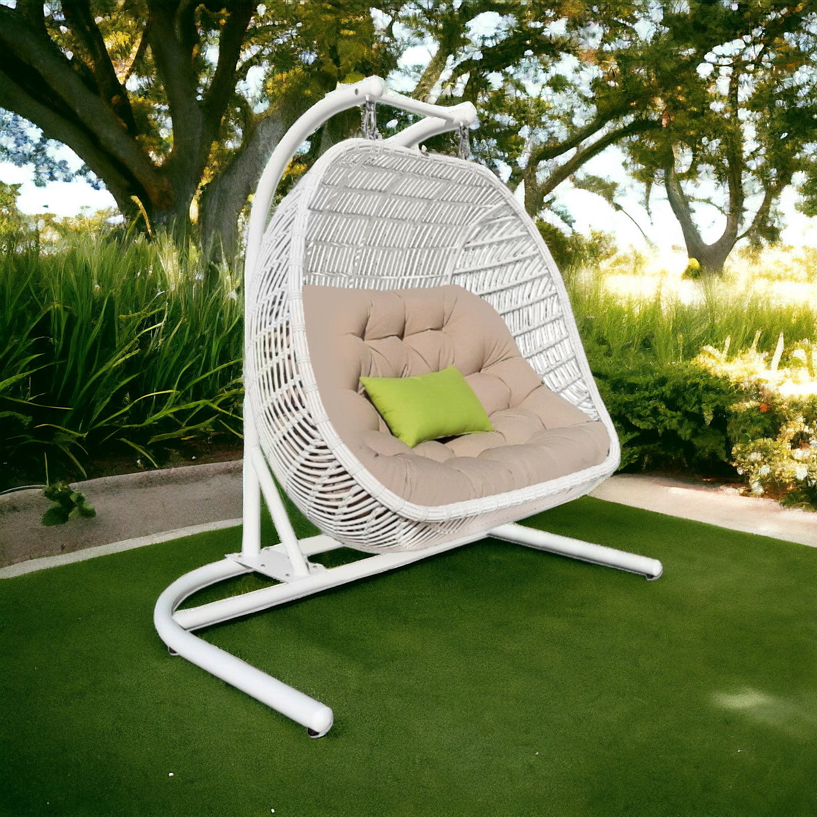 69" Beige and White Metal Indoor Outdoor Swing Chair with Beige Cushion-Outdoor Chairs-DECOROLALA