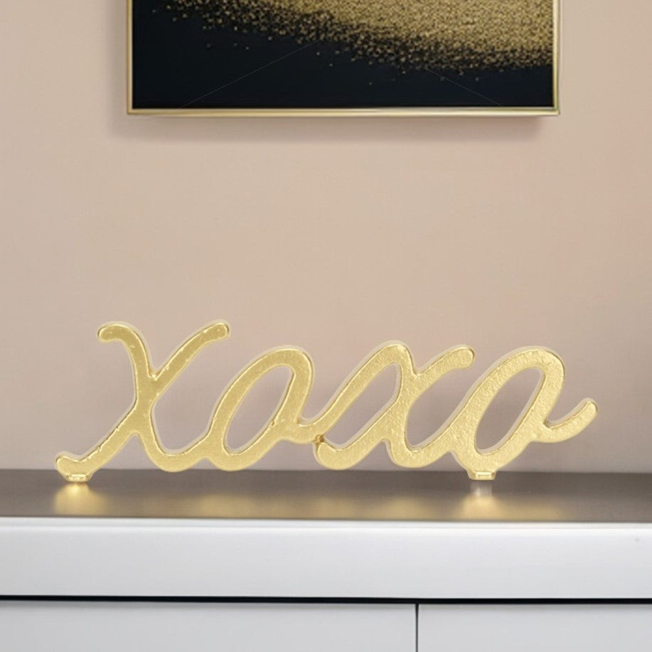 3" Gold Cast Iron Hand Painted XOXO Sentiment Tabletop Sculpture-Sculptures-DECOROLALA