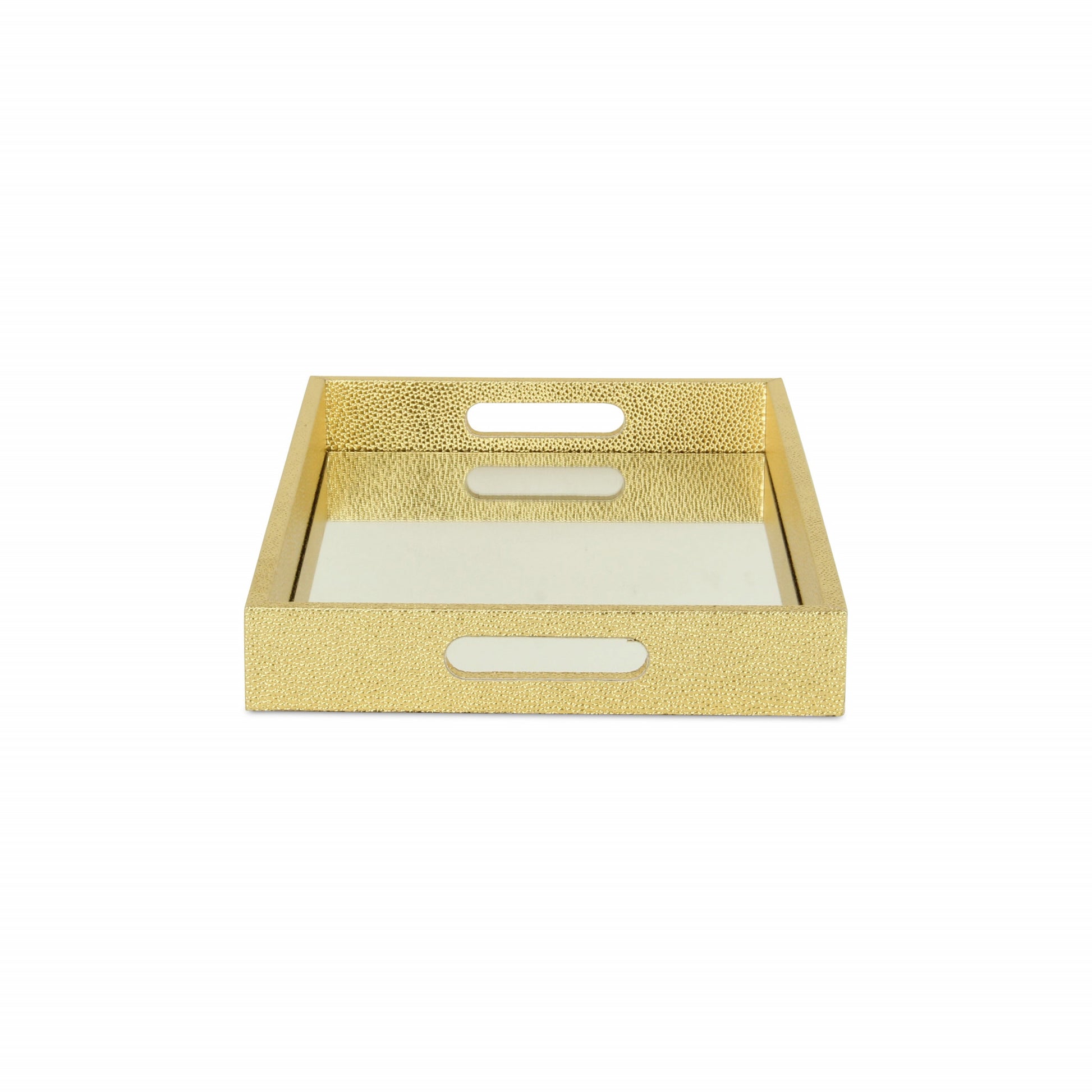 16" Gold Rectangular Wood Handmade Tray With Handles-4