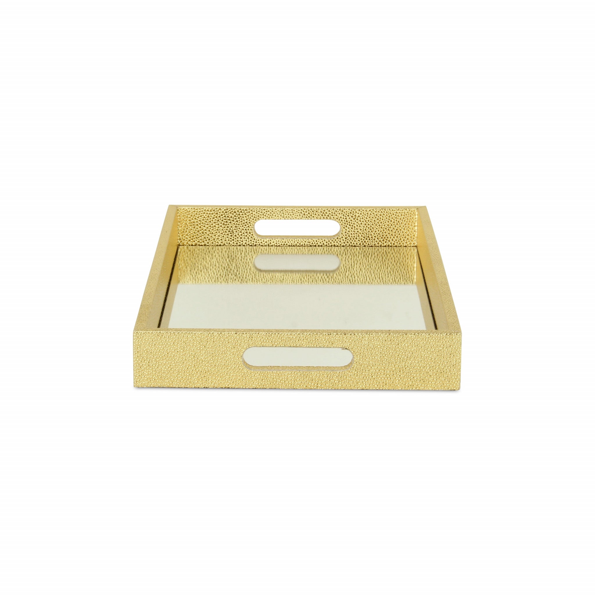 16" Gold Rectangular Wood Handmade Tray With Handles-4