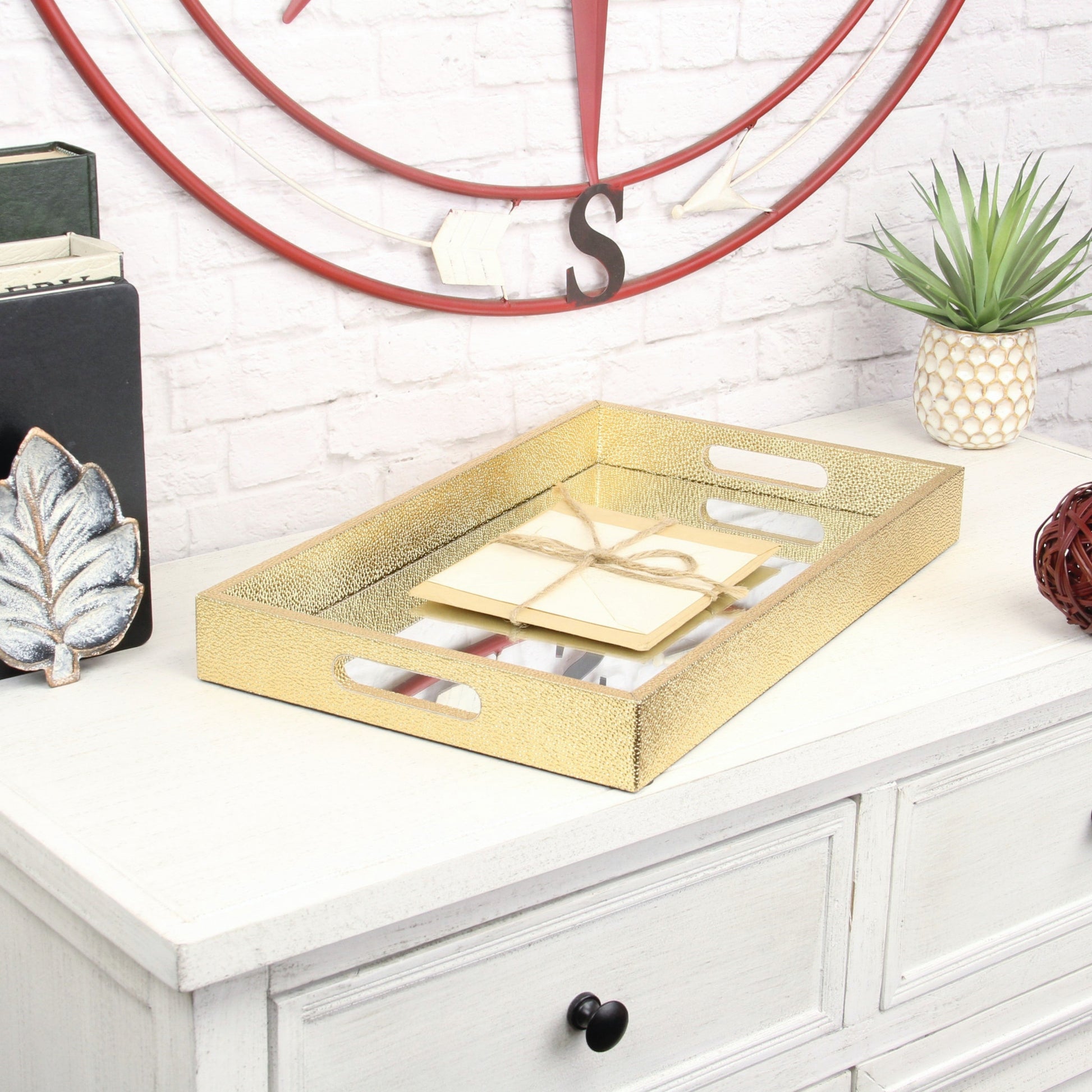 16" Gold Rectangular Wood Handmade Tray With Handles-7