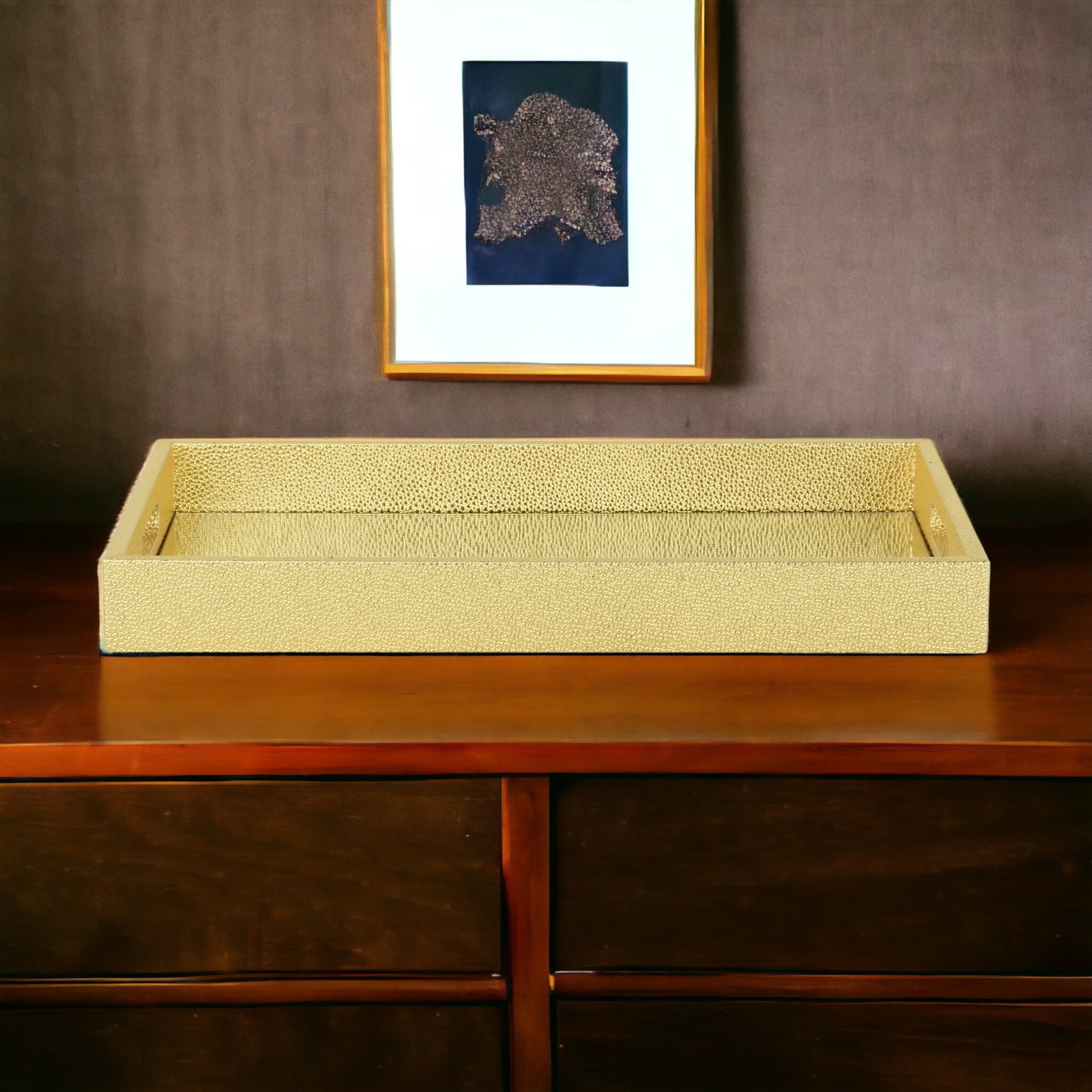 16" Gold Rectangular Wood Handmade Tray With Handles-5