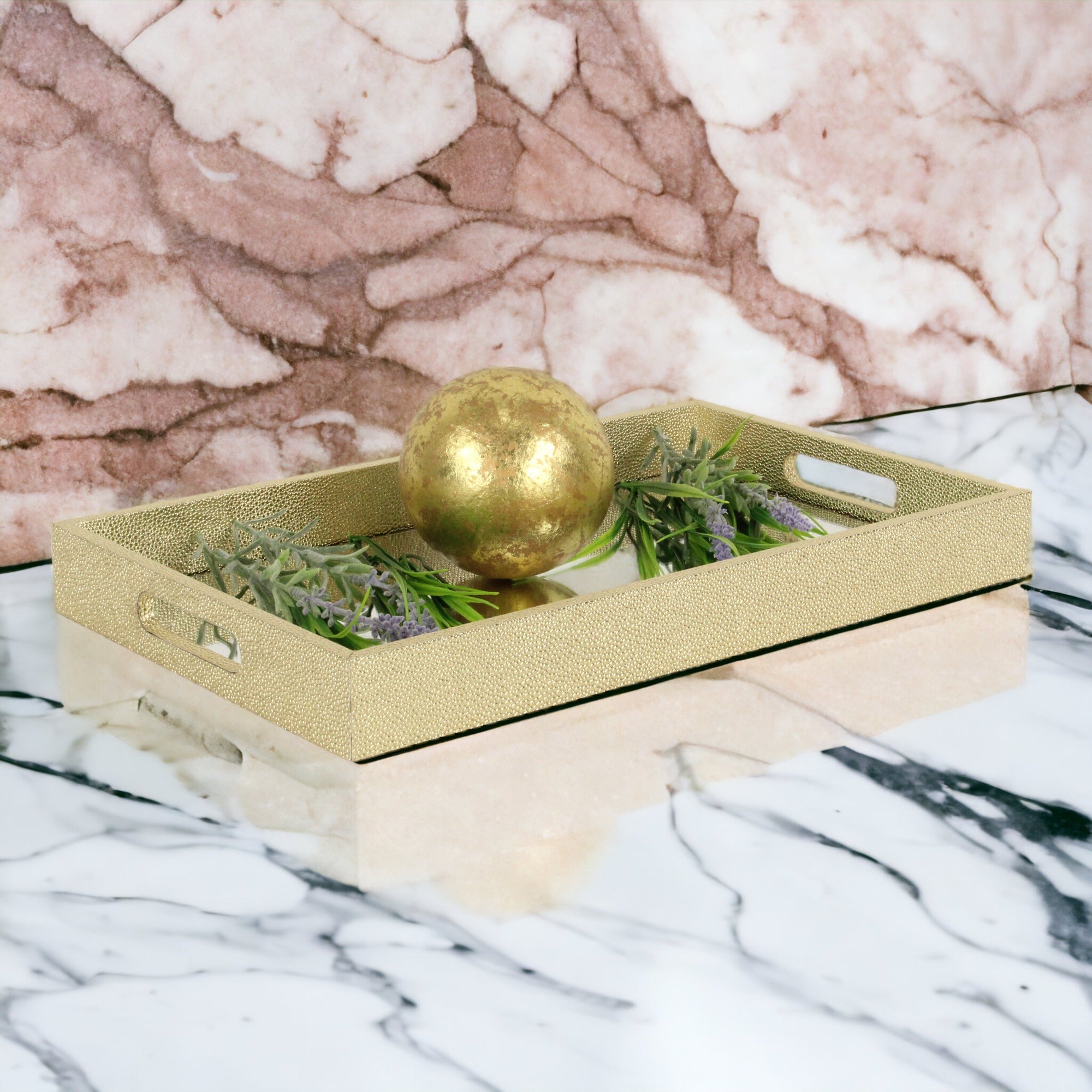 16" Gold Rectangular Wood Handmade Tray With Handles-6