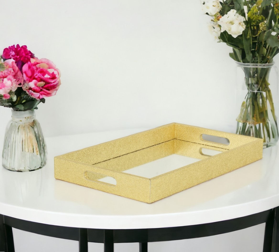 16" Gold Rectangular Wood Handmade Tray With Handles-0