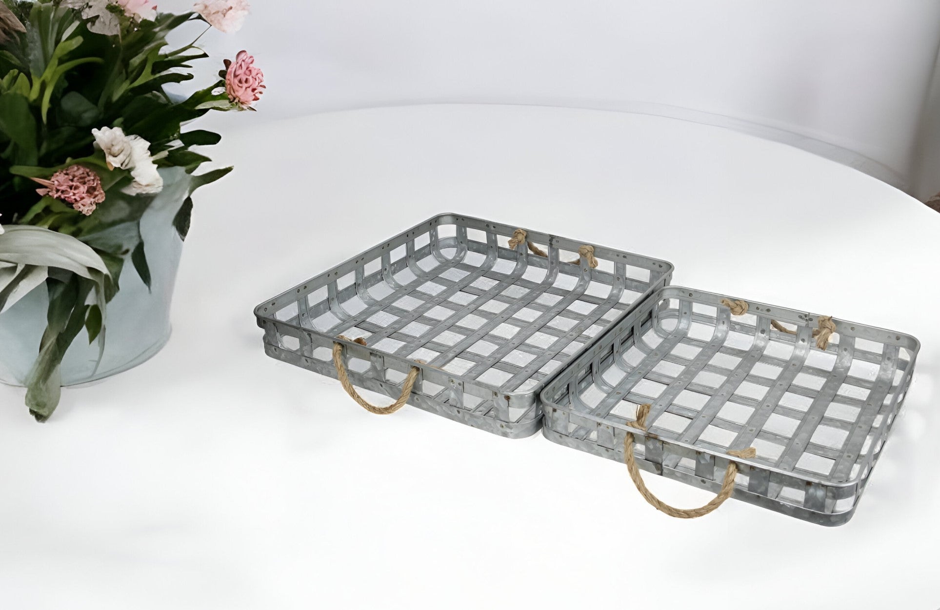 Set of Two Gray Rectangular Metal Handmade Serving Tray With Handles-0