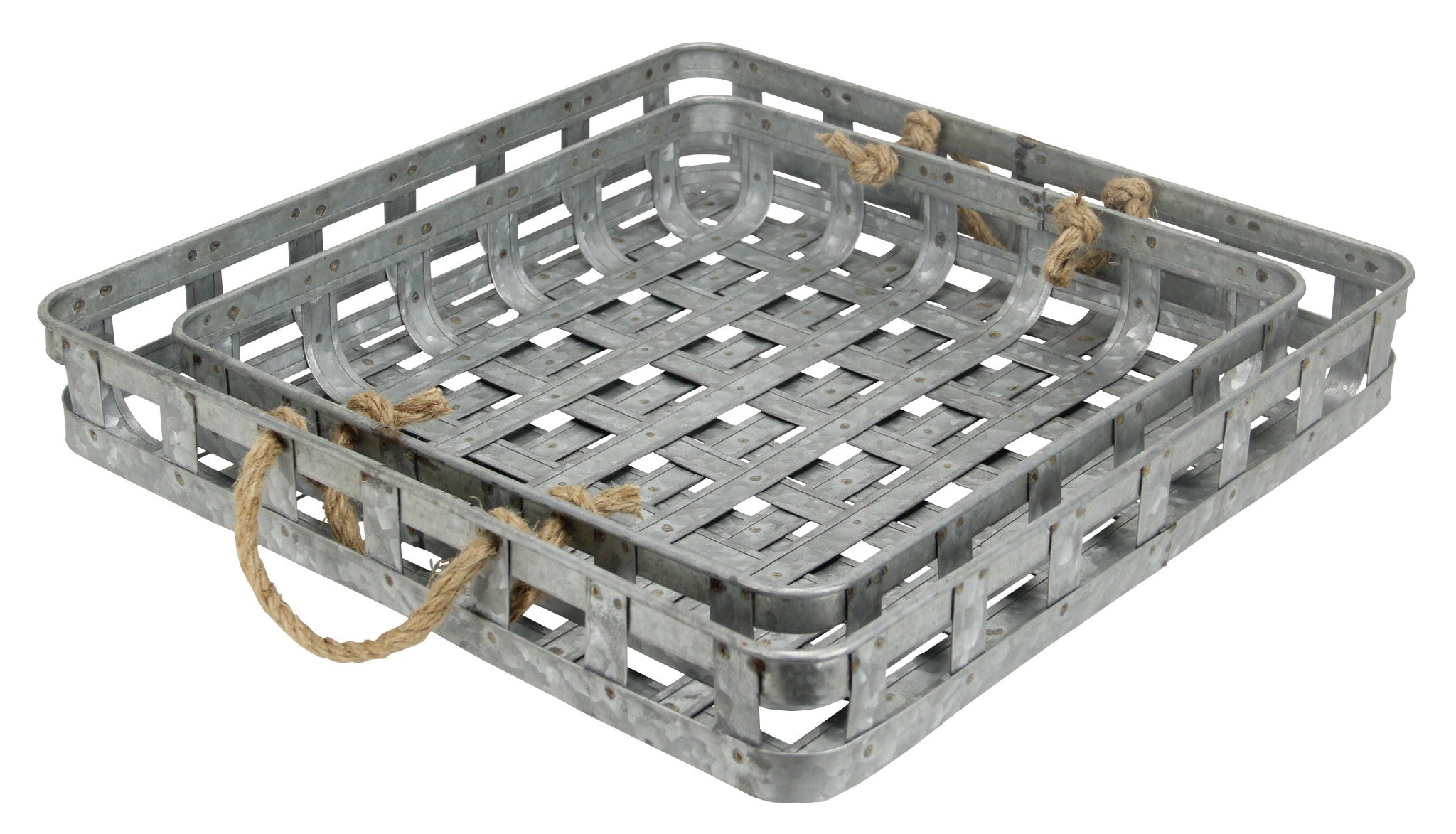 Set of Two Gray Rectangular Metal Handmade Serving Tray With Handles-2
