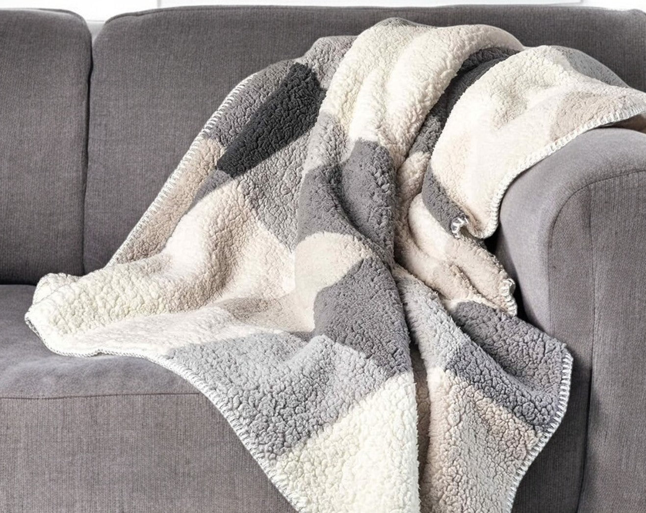50" X 60" Gray And Ivory Faux Sherpa Plaid Throw Blanket-Throws & Blankets-DECOROLALA