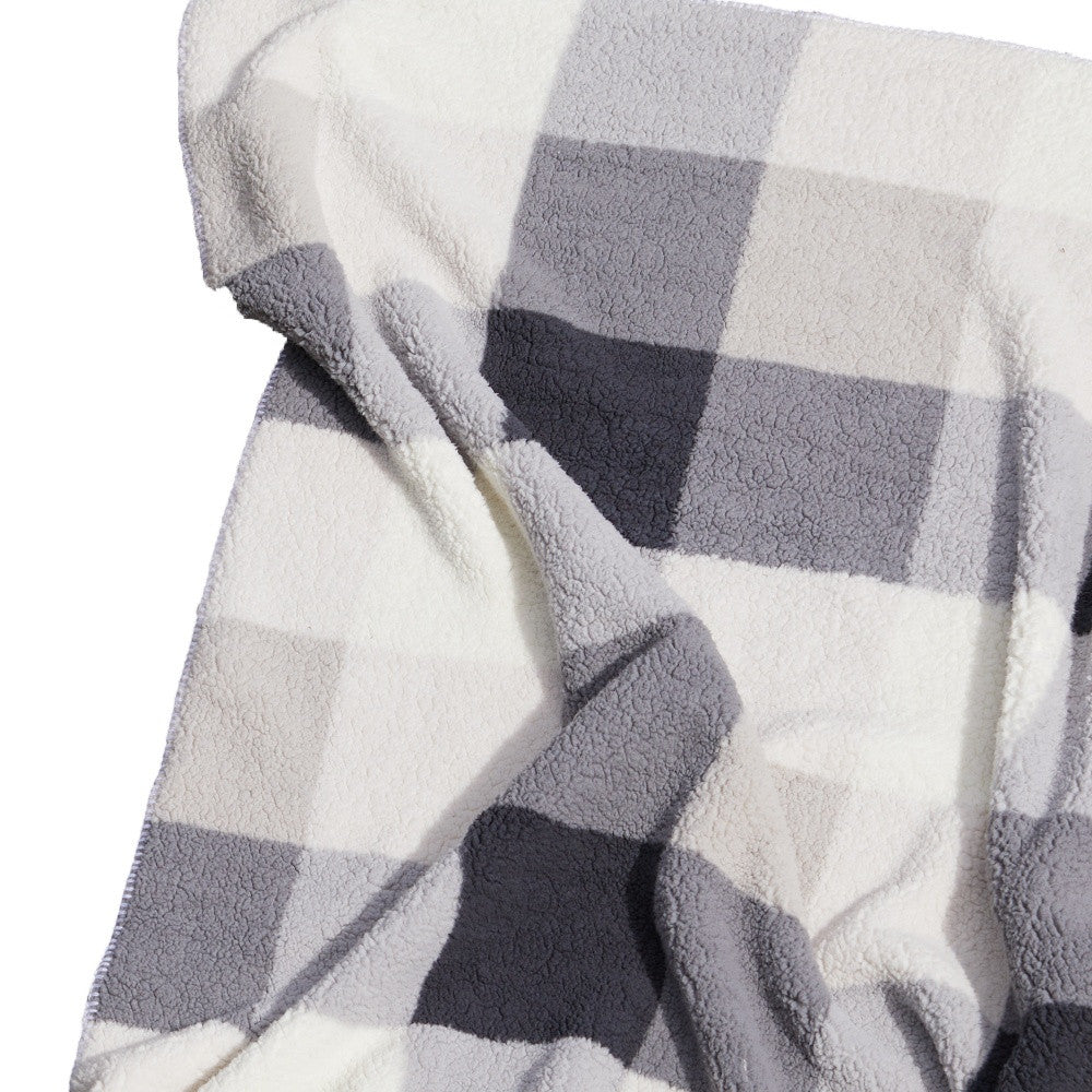 50" X 60" Gray And Ivory Faux Sherpa Plaid Throw Blanket-Throws & Blankets-DECOROLALA
