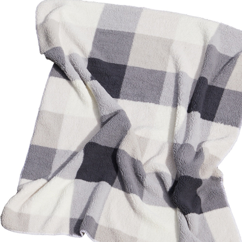 50" X 60" Gray And Ivory Faux Sherpa Plaid Throw Blanket-Throws & Blankets-DECOROLALA