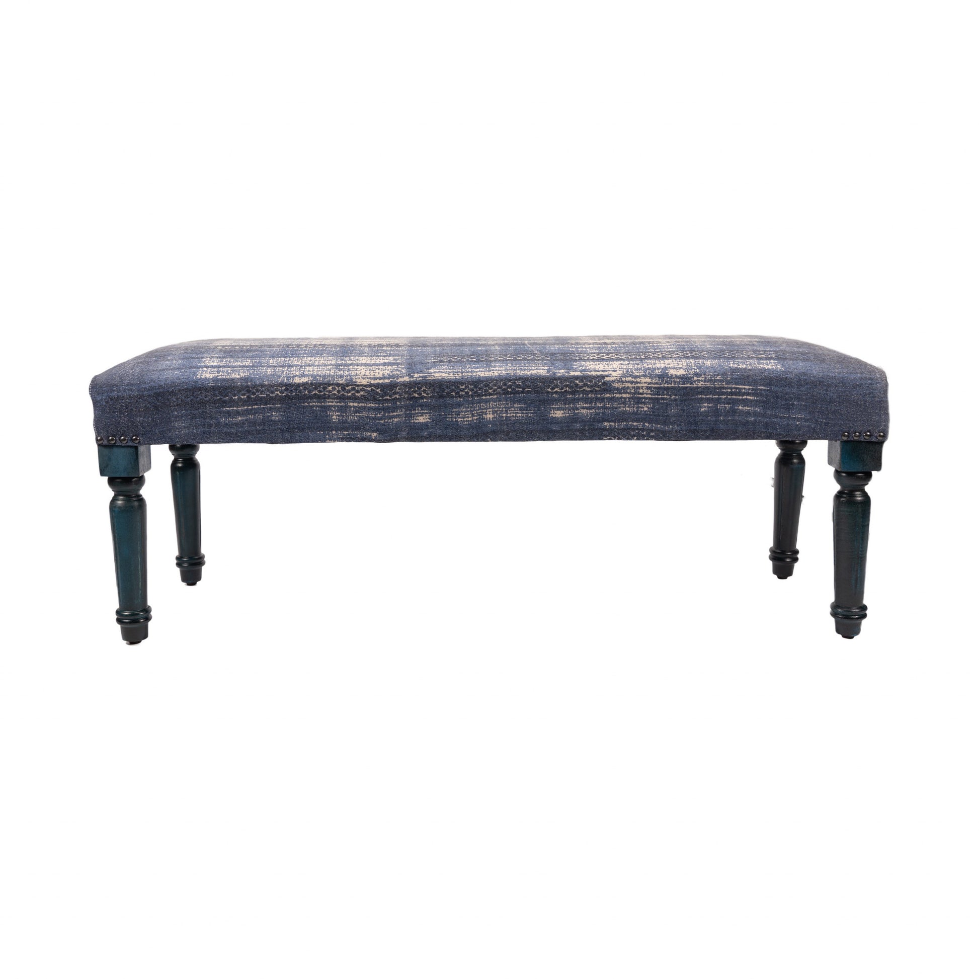 47" Blue And Cream Abstract Design Blue Leg Upholstered Bench-Benches-DECOROLALA