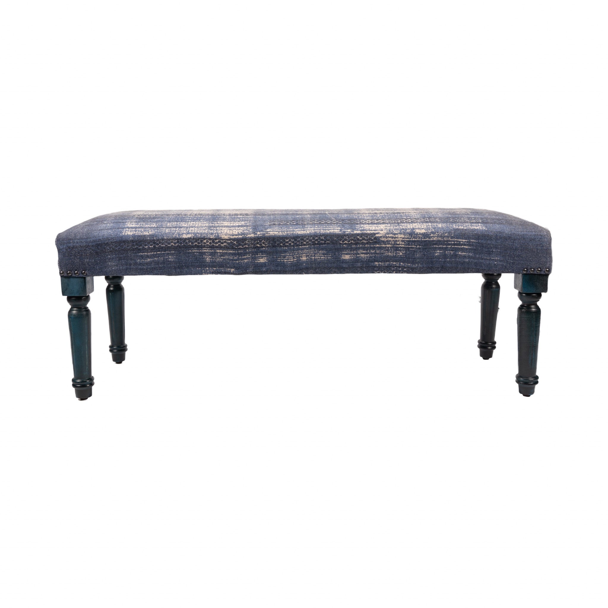 47" Blue And Cream Abstract Design Blue Leg Upholstered Bench-Benches-DECOROLALA