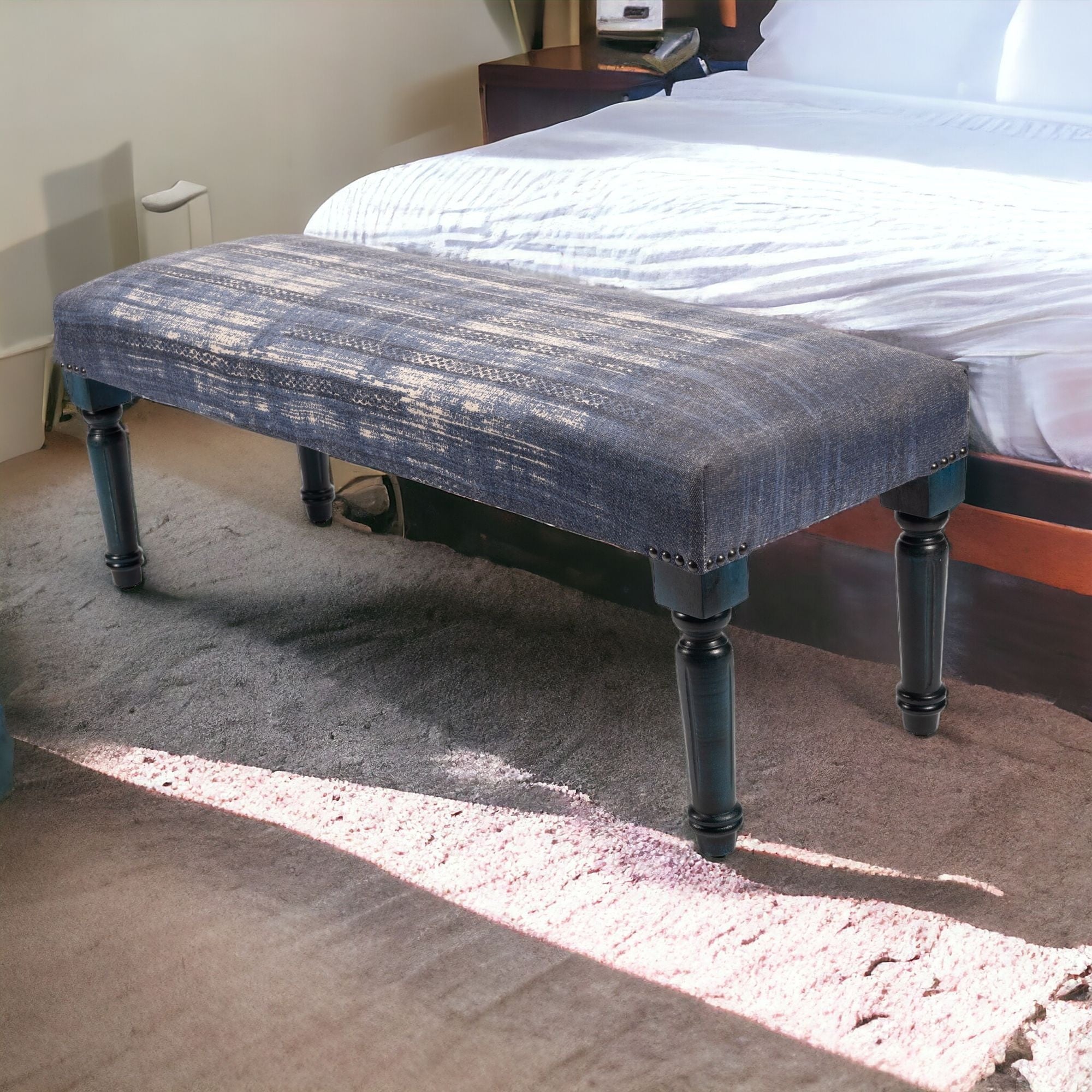 47" Blue And Cream Abstract Design Blue Leg Upholstered Bench-Benches-DECOROLALA