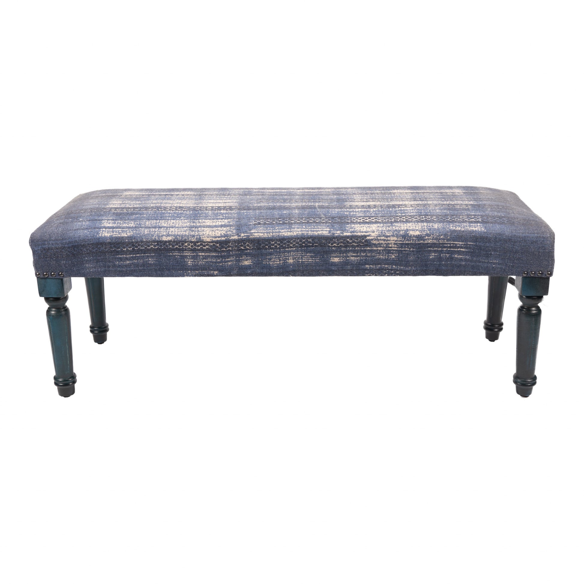47" Blue And Cream Abstract Design Blue Leg Upholstered Bench-Benches-DECOROLALA