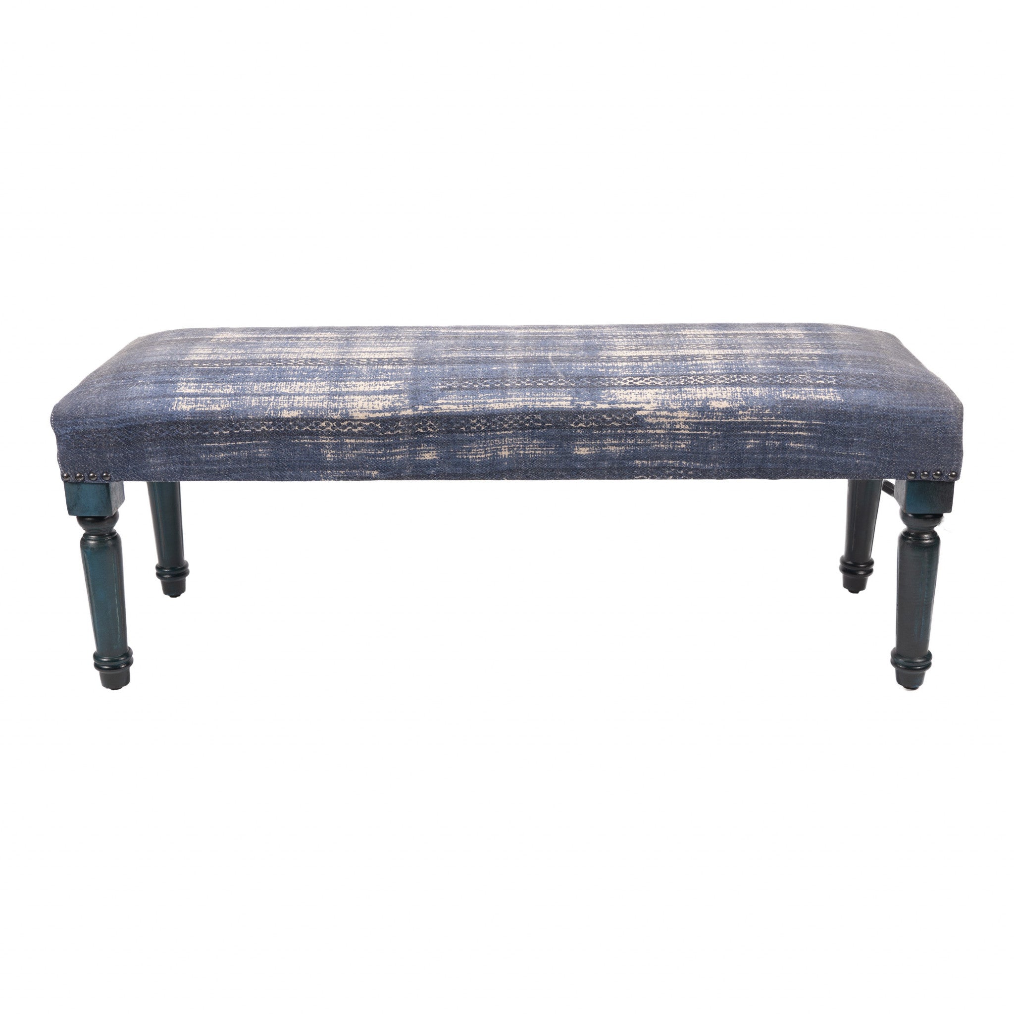 47" Blue And Cream Abstract Design Blue Leg Upholstered Bench-Benches-DECOROLALA