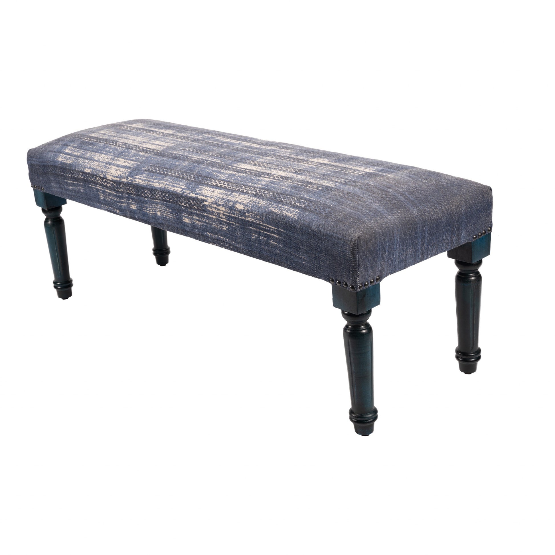 47" Blue And Cream Abstract Design Blue Leg Upholstered Bench-Benches-DECOROLALA