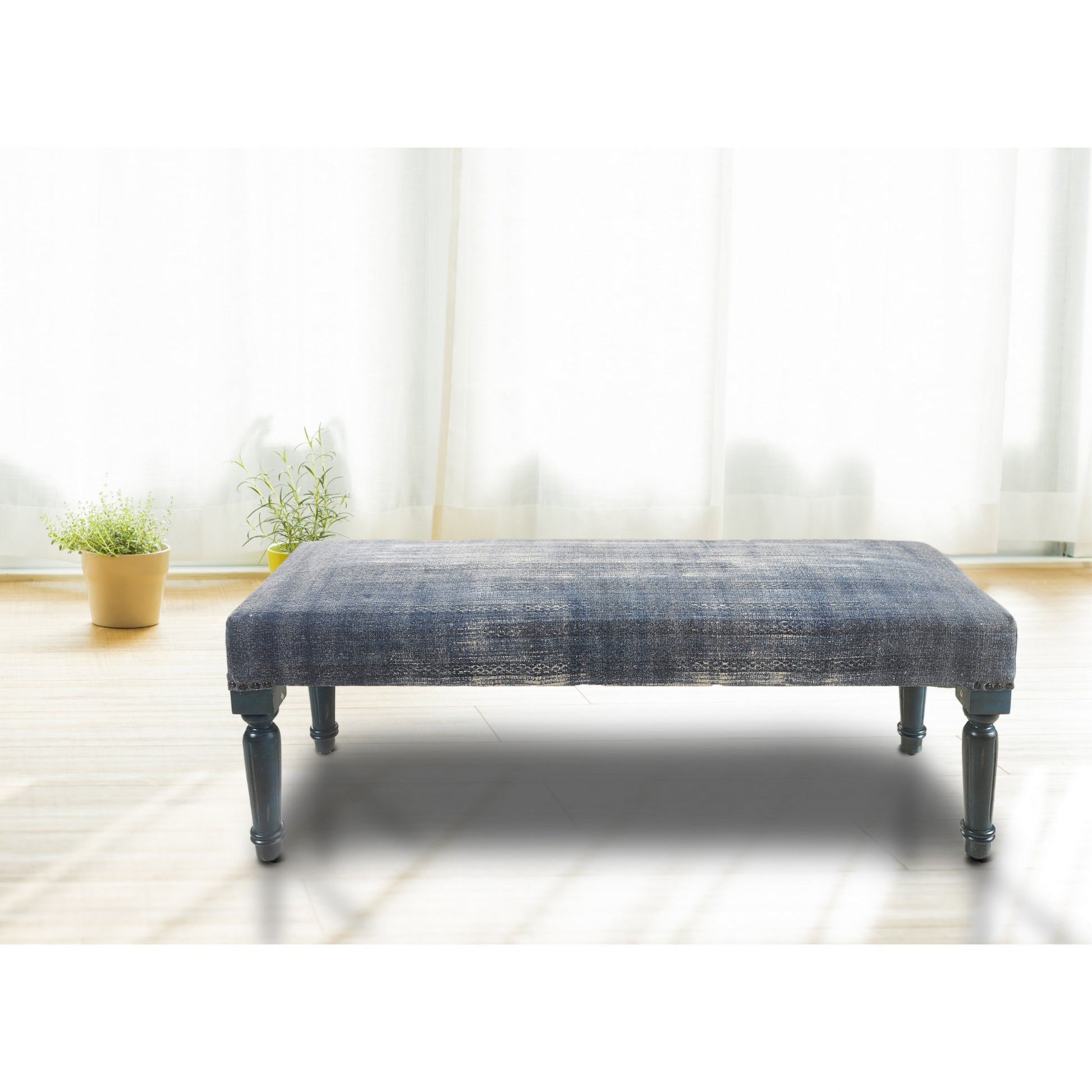 47" Blue And Cream Abstract Design Blue Leg Upholstered Bench-Benches-DECOROLALA