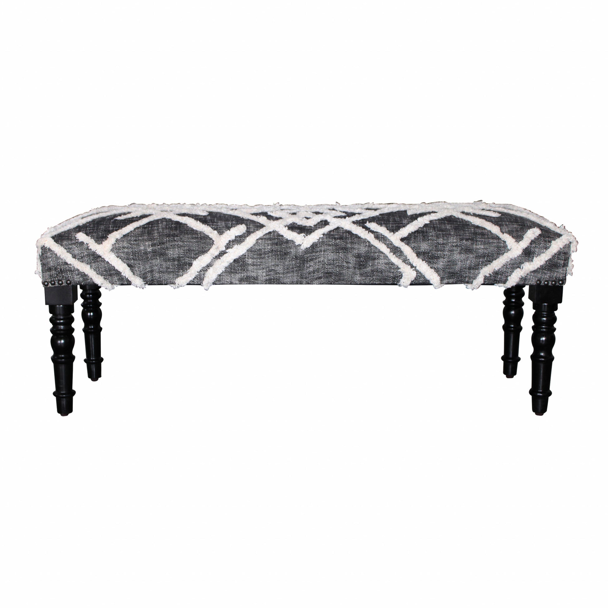 47" Gray And White Geometric Cotton Upholstered Distressed Bench-Benches-DECOROLALA