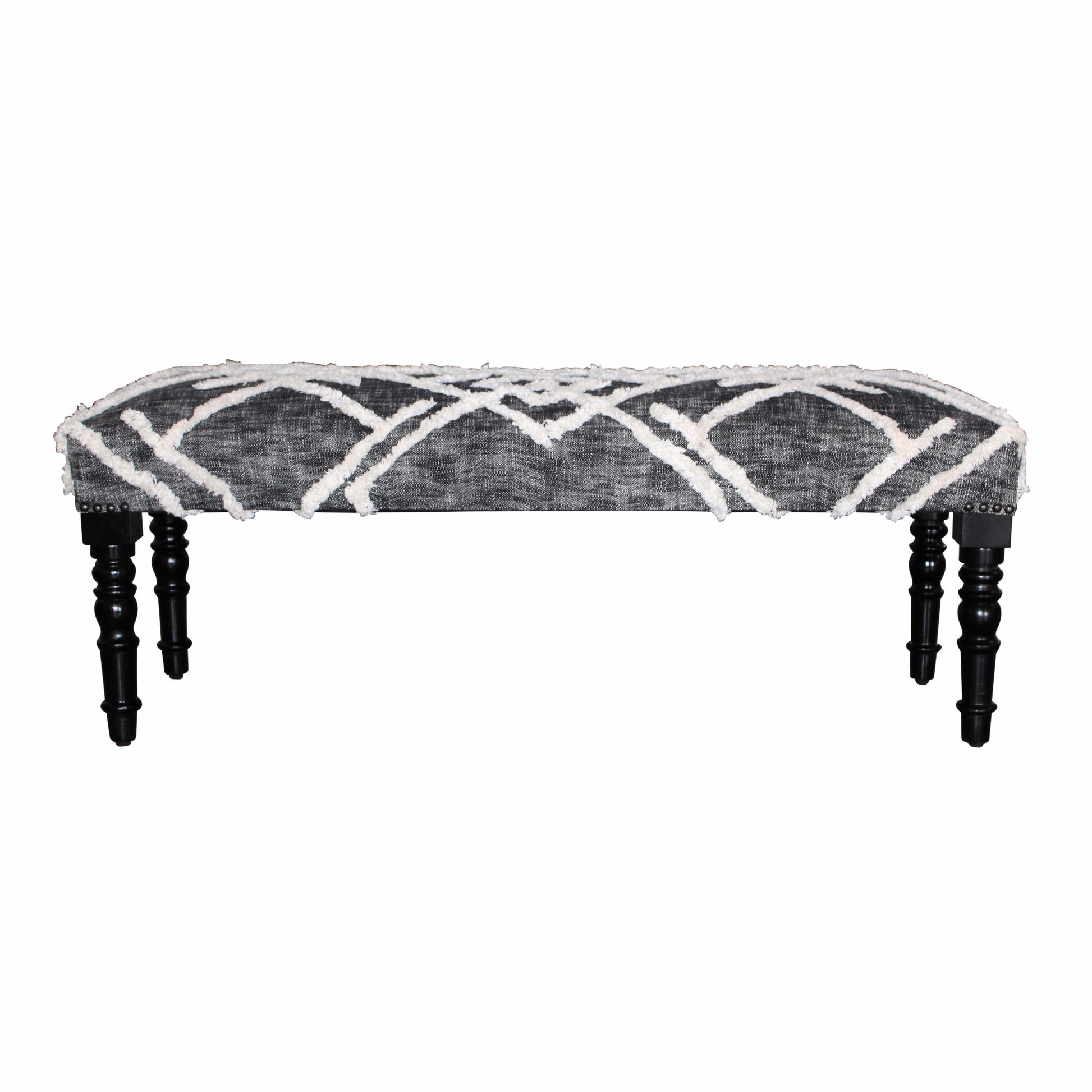 47" Gray And White Geometric Cotton Upholstered Distressed Bench-Benches-DECOROLALA