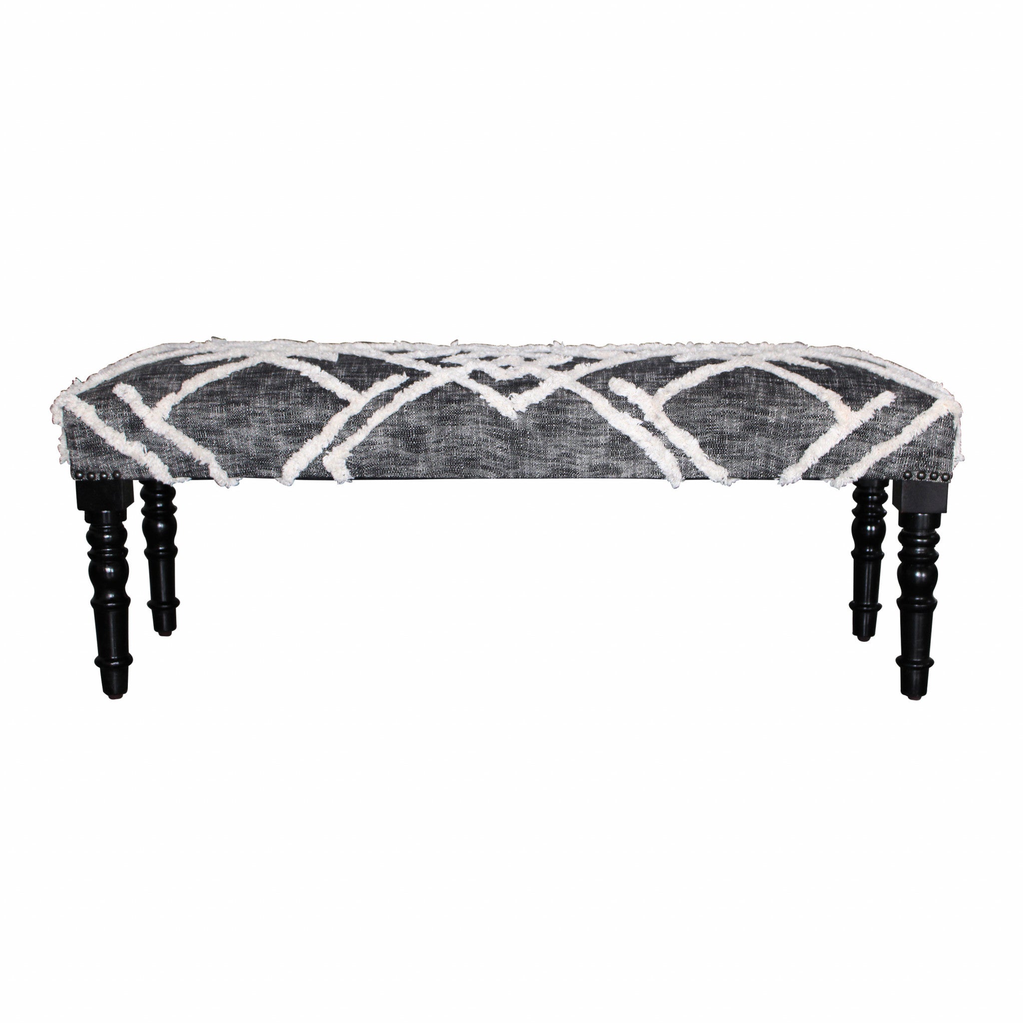 47" Gray And White Geometric Cotton Upholstered Distressed Bench-Benches-DECOROLALA