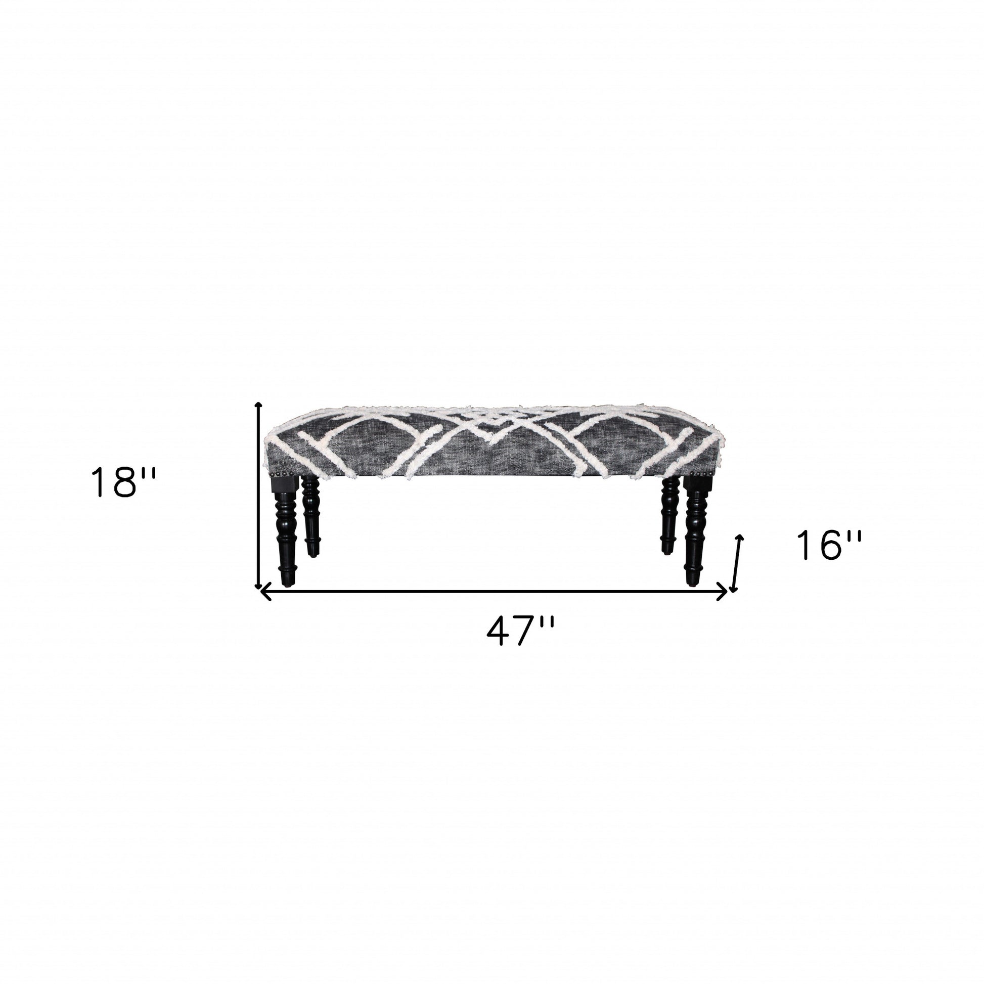 47" Gray And White Geometric Cotton Upholstered Distressed Bench-Benches-DECOROLALA