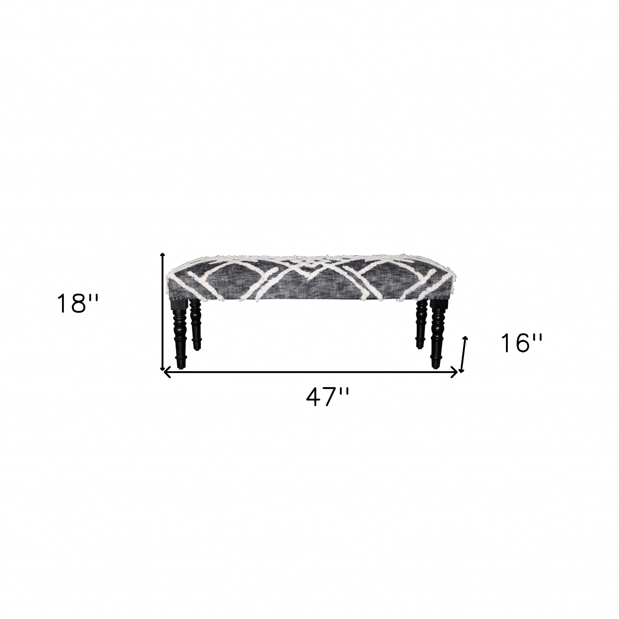 47" Gray And White Geometric Cotton Upholstered Distressed Bench-Benches-DECOROLALA