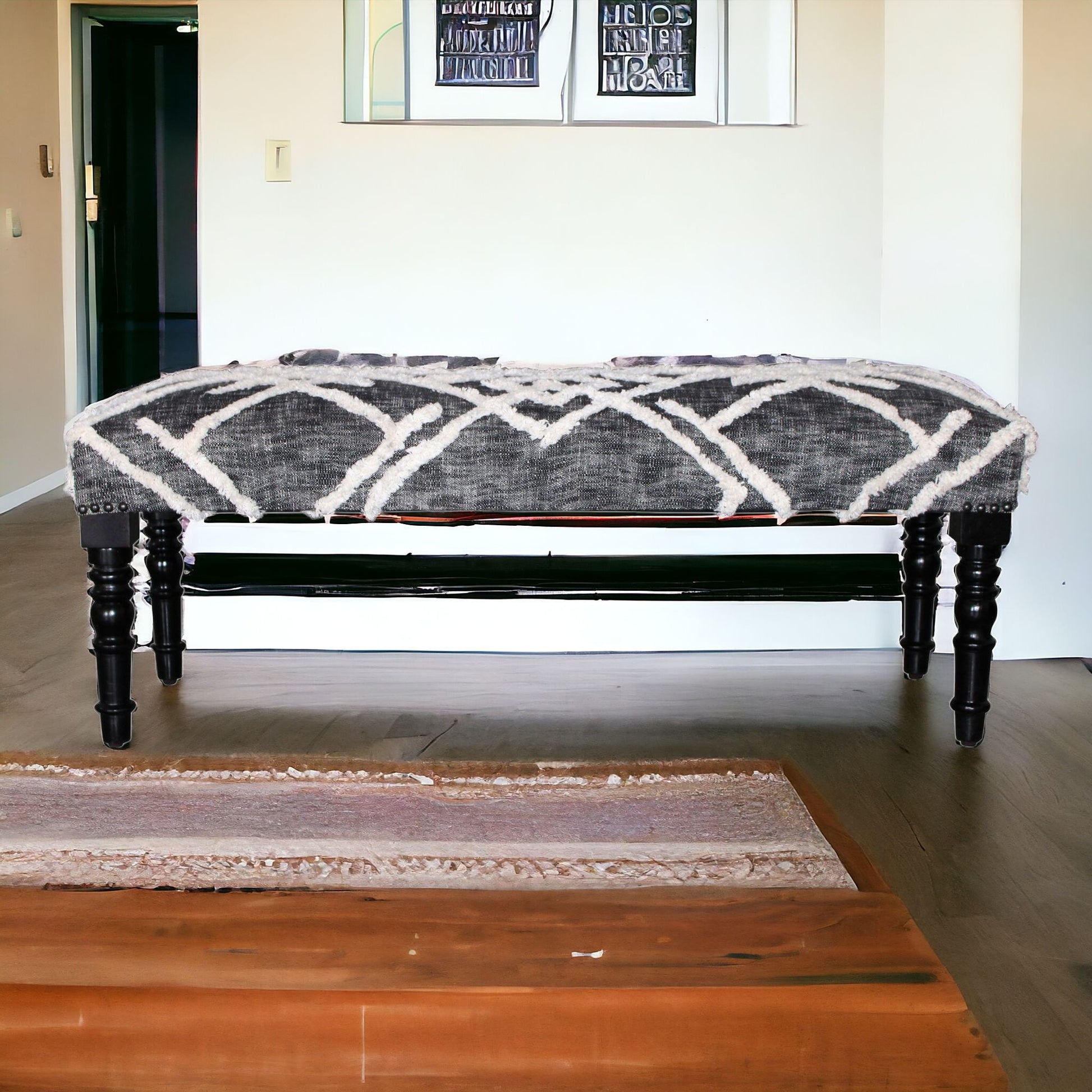 47" Gray And White Geometric Cotton Upholstered Distressed Bench-Benches-DECOROLALA