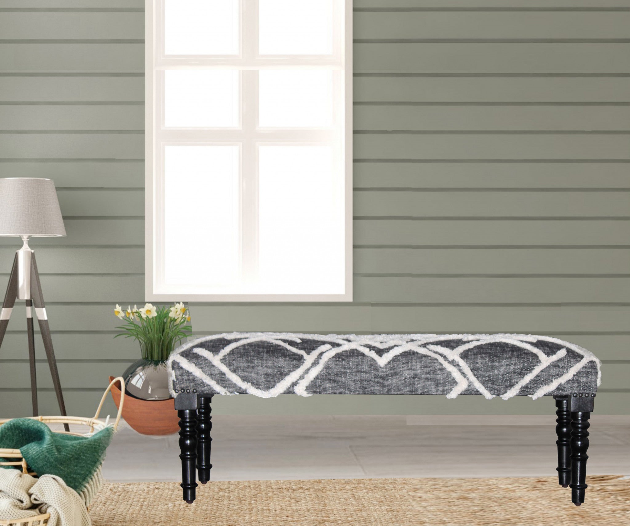 47" Gray And White Geometric Cotton Upholstered Distressed Bench-Benches-DECOROLALA