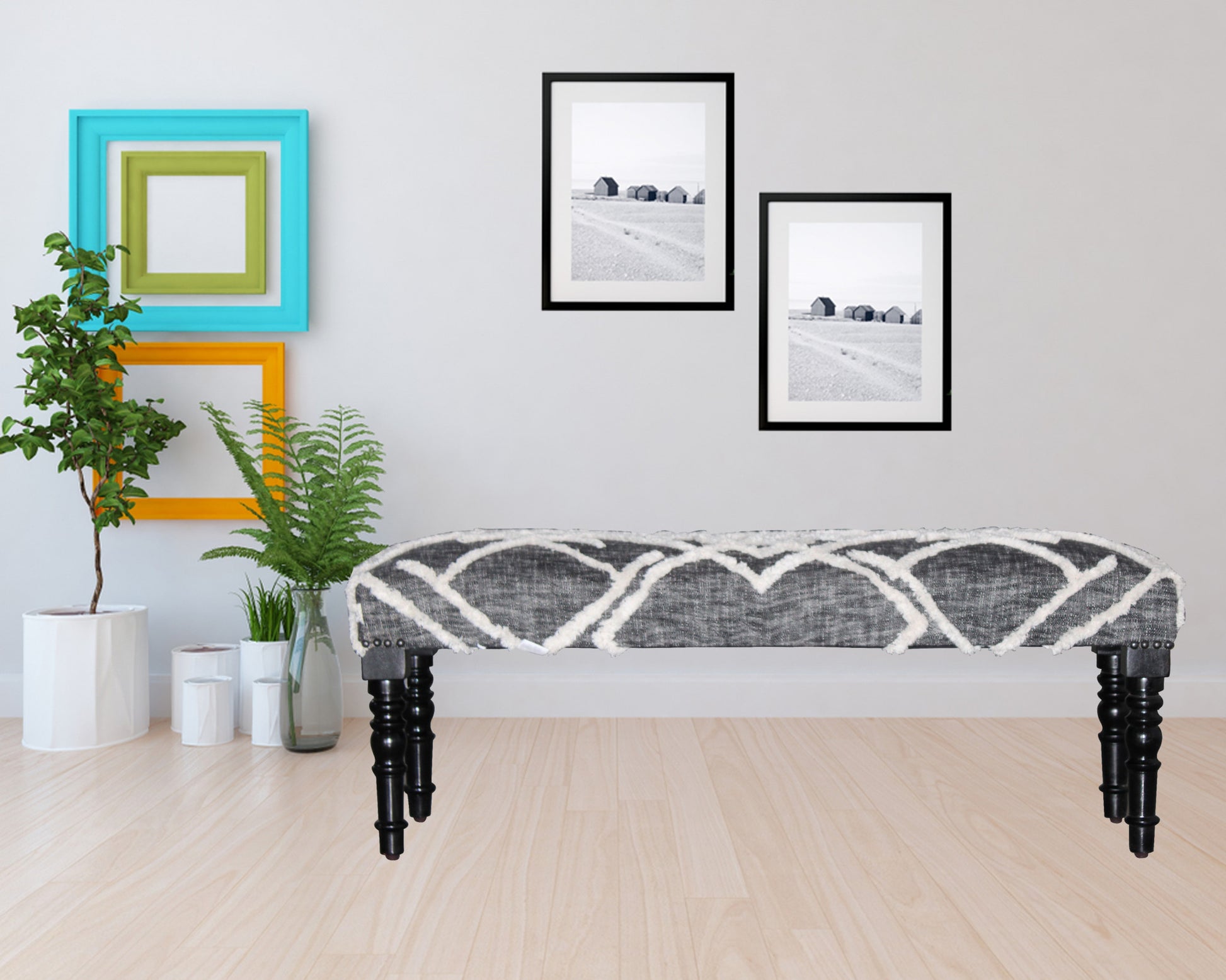 47" Gray And White Geometric Cotton Upholstered Distressed Bench-Benches-DECOROLALA