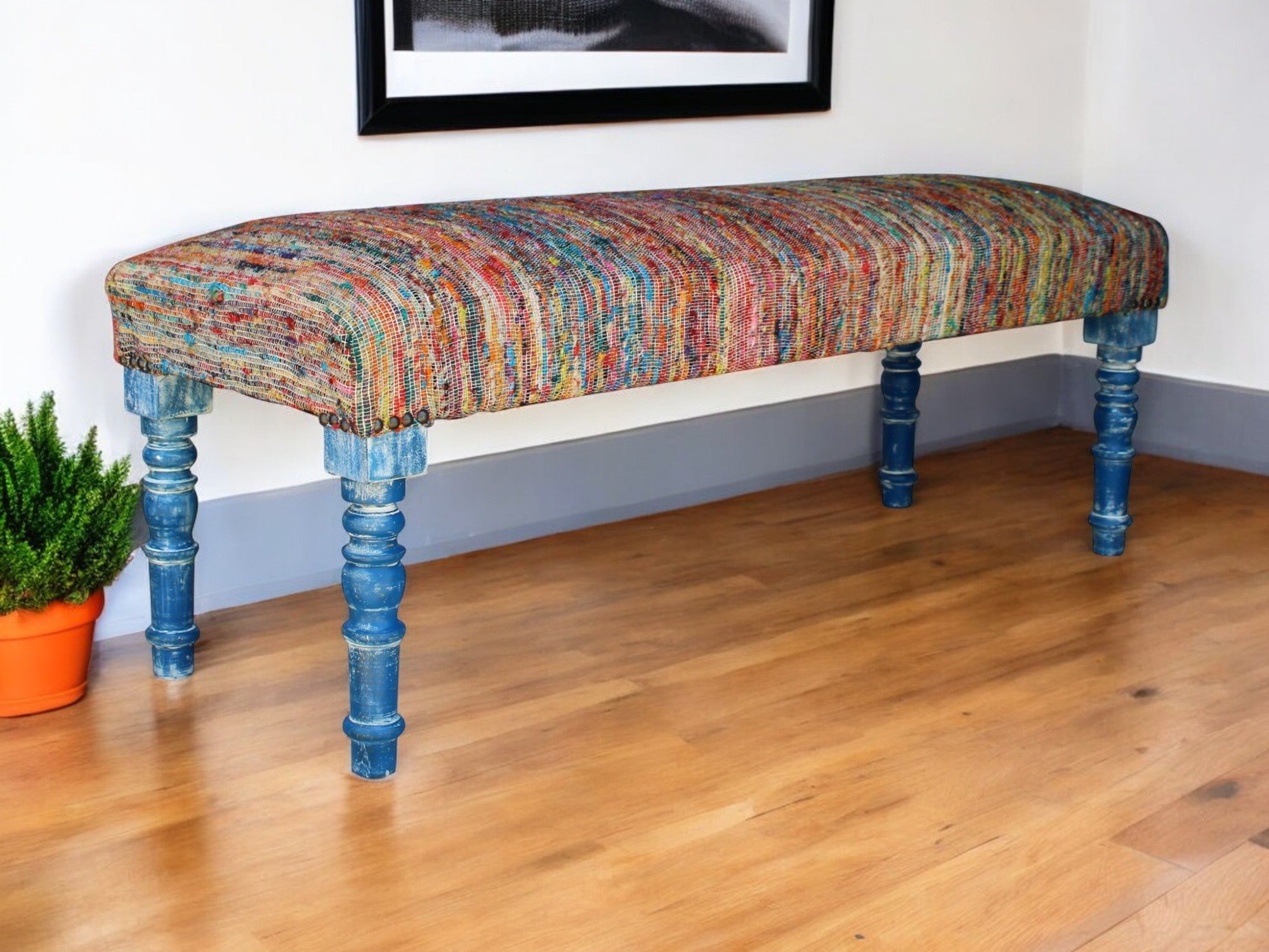 47" Rainbow Stripe Blue Leg Upholstered Bench-Benches-DECOROLALA