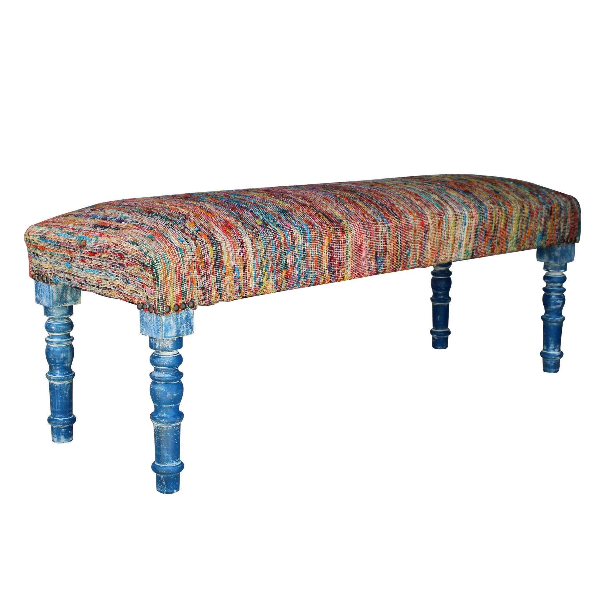 47" Rainbow Stripe Blue Leg Upholstered Bench-Benches-DECOROLALA