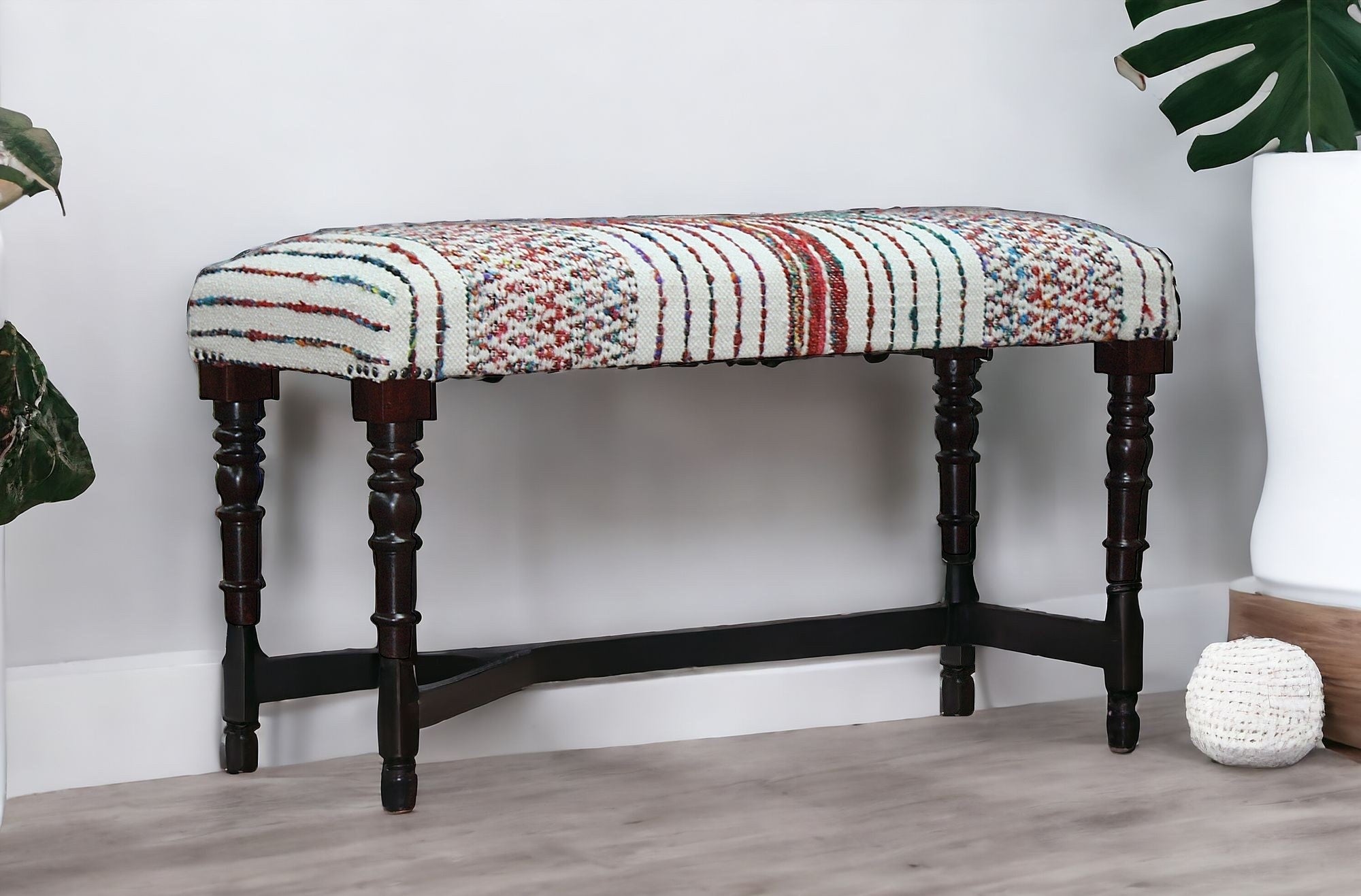 47" Ivory Red and Pink Black Leg Chevron Stripe Upholstered Bench-Benches-DECOROLALA