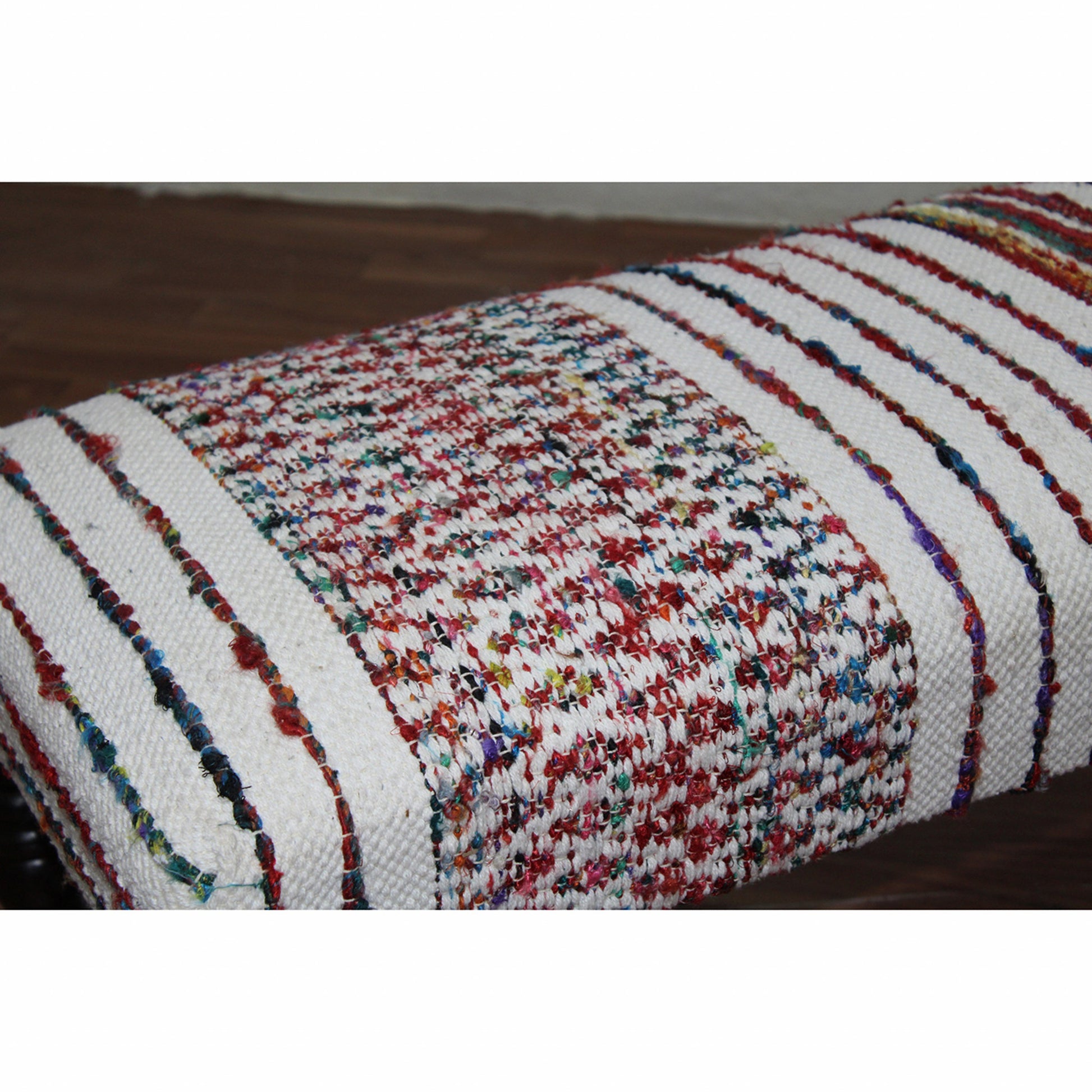 47" Ivory Red and Pink Black Leg Chevron Stripe Upholstered Bench-Benches-DECOROLALA
