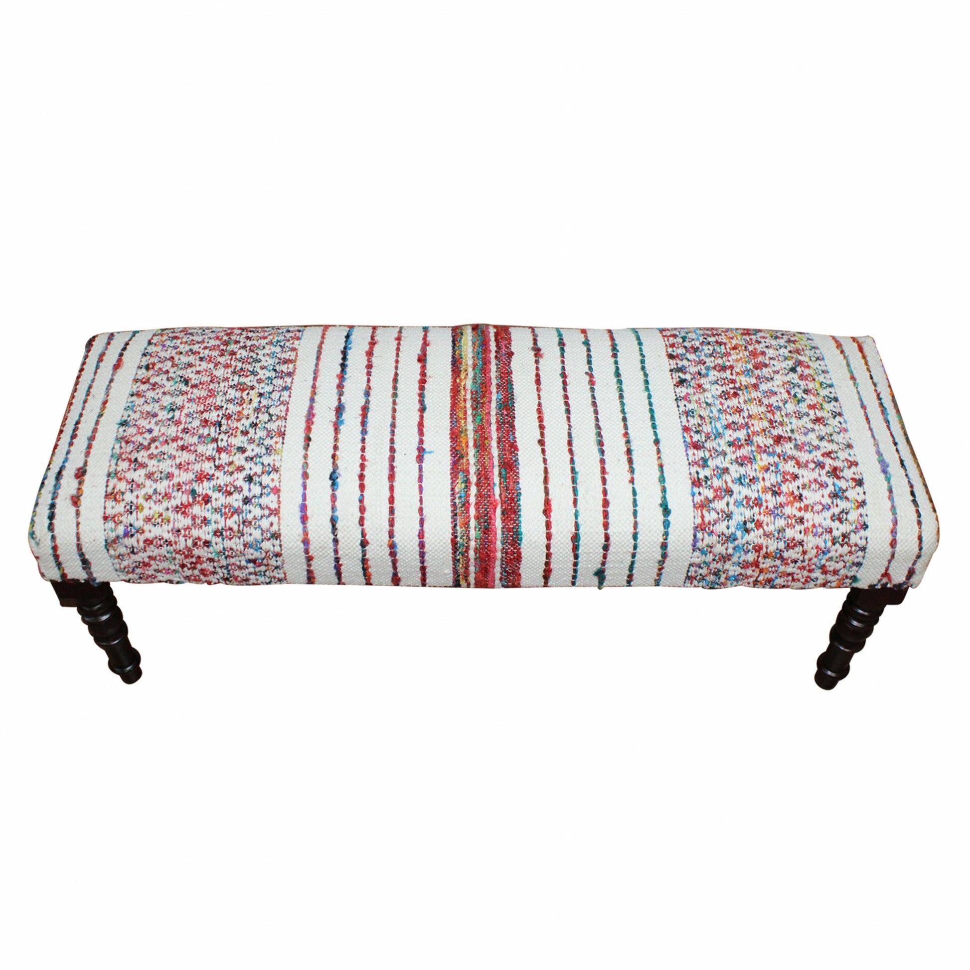 47" Ivory Red and Pink Black Leg Chevron Stripe Upholstered Bench-Benches-DECOROLALA