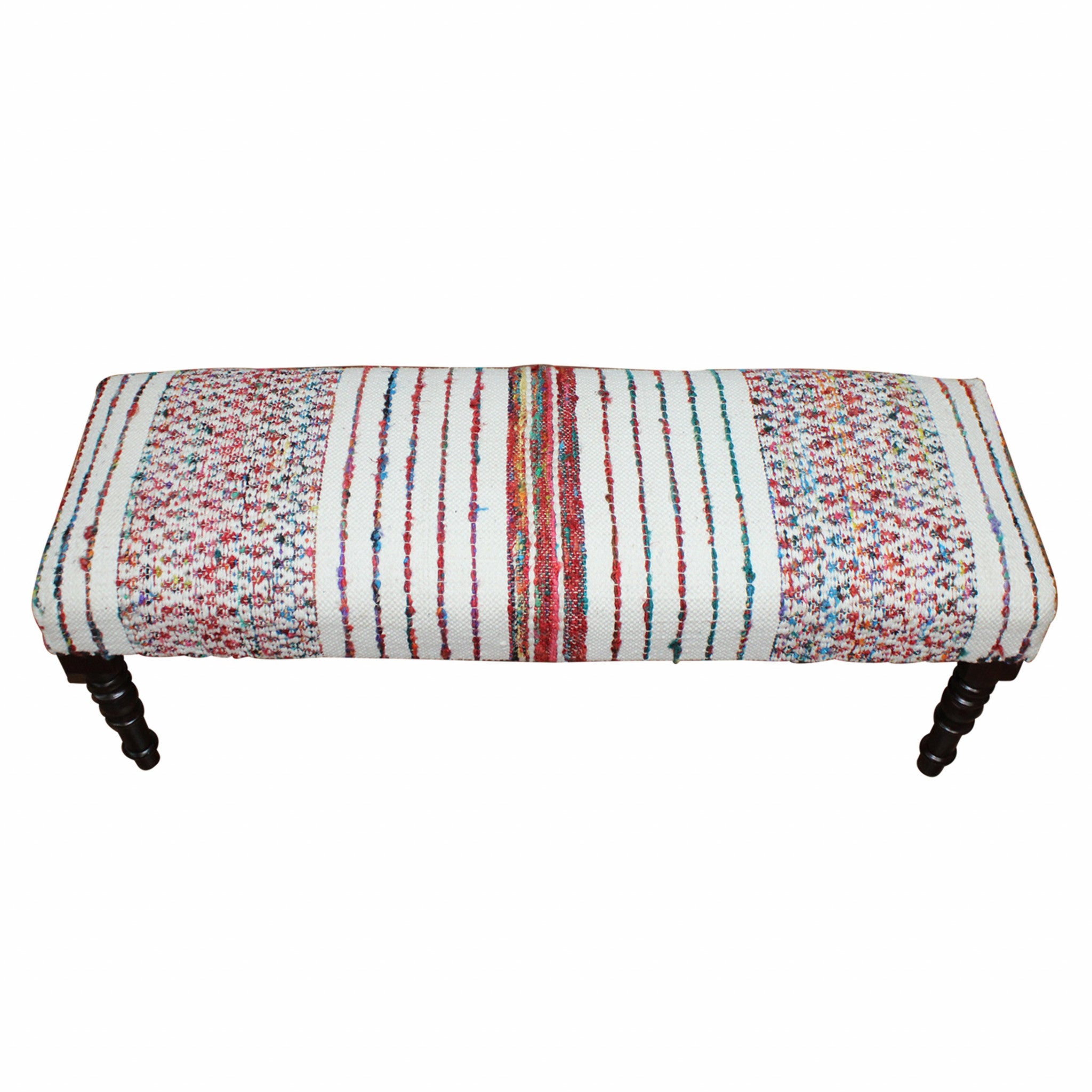 47" Ivory Red and Pink Black Leg Chevron Stripe Upholstered Bench-Benches-DECOROLALA