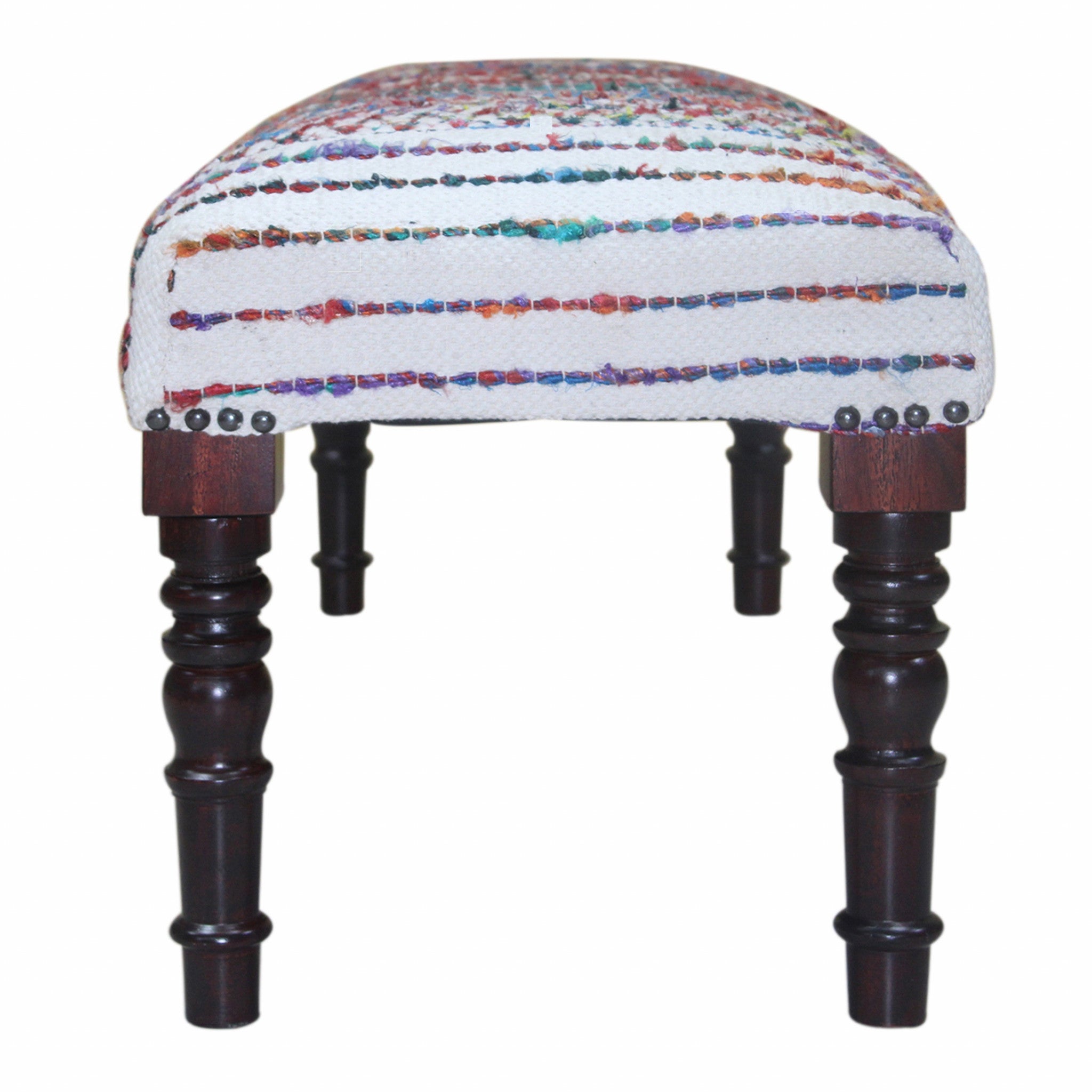47" Ivory Red and Pink Black Leg Chevron Stripe Upholstered Bench-Benches-DECOROLALA