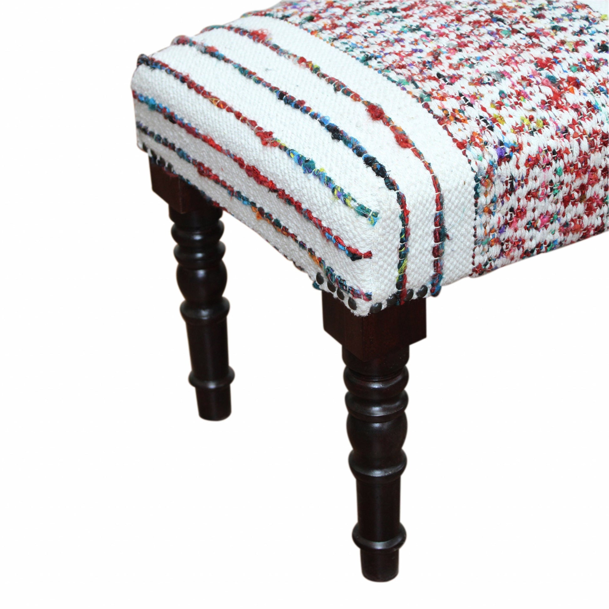 47" Ivory Red and Pink Black Leg Chevron Stripe Upholstered Bench-Benches-DECOROLALA