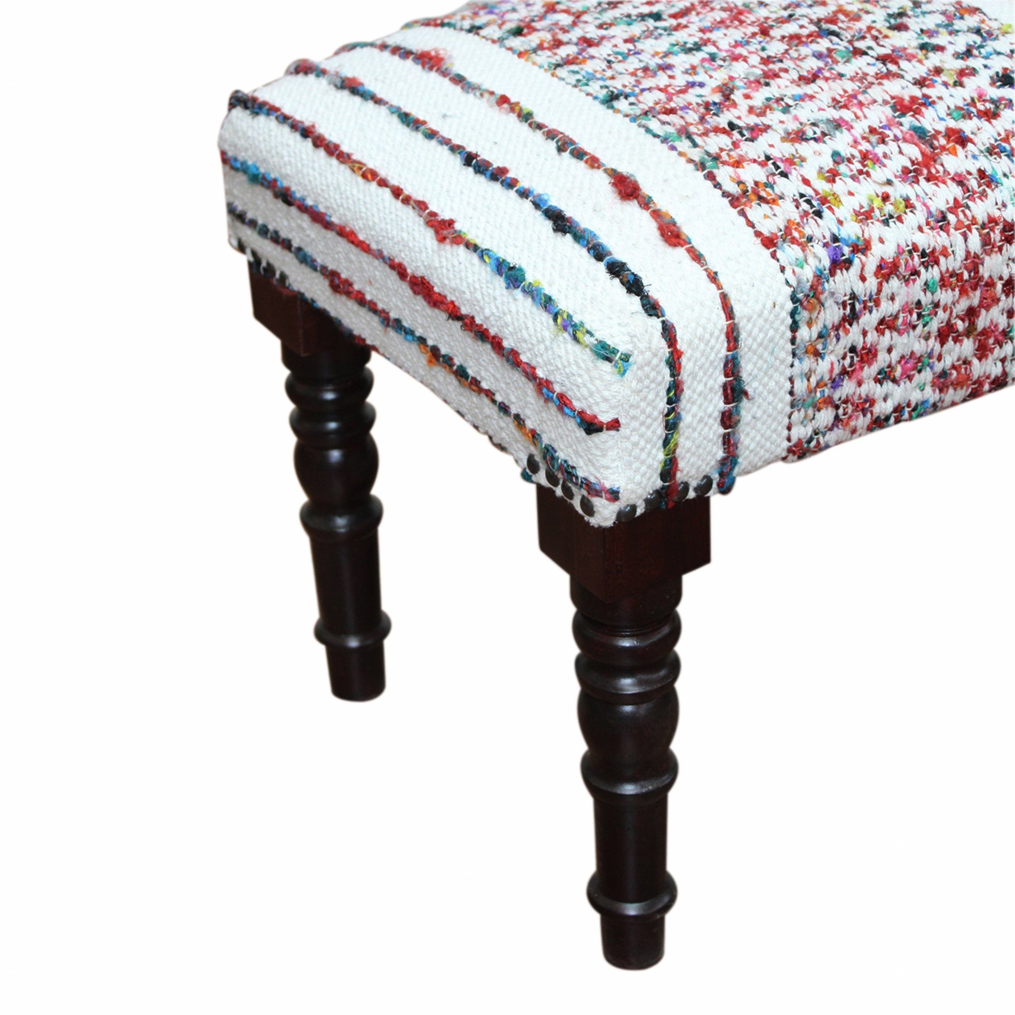 47" Ivory Red and Pink Black Leg Chevron Stripe Upholstered Bench-Benches-DECOROLALA