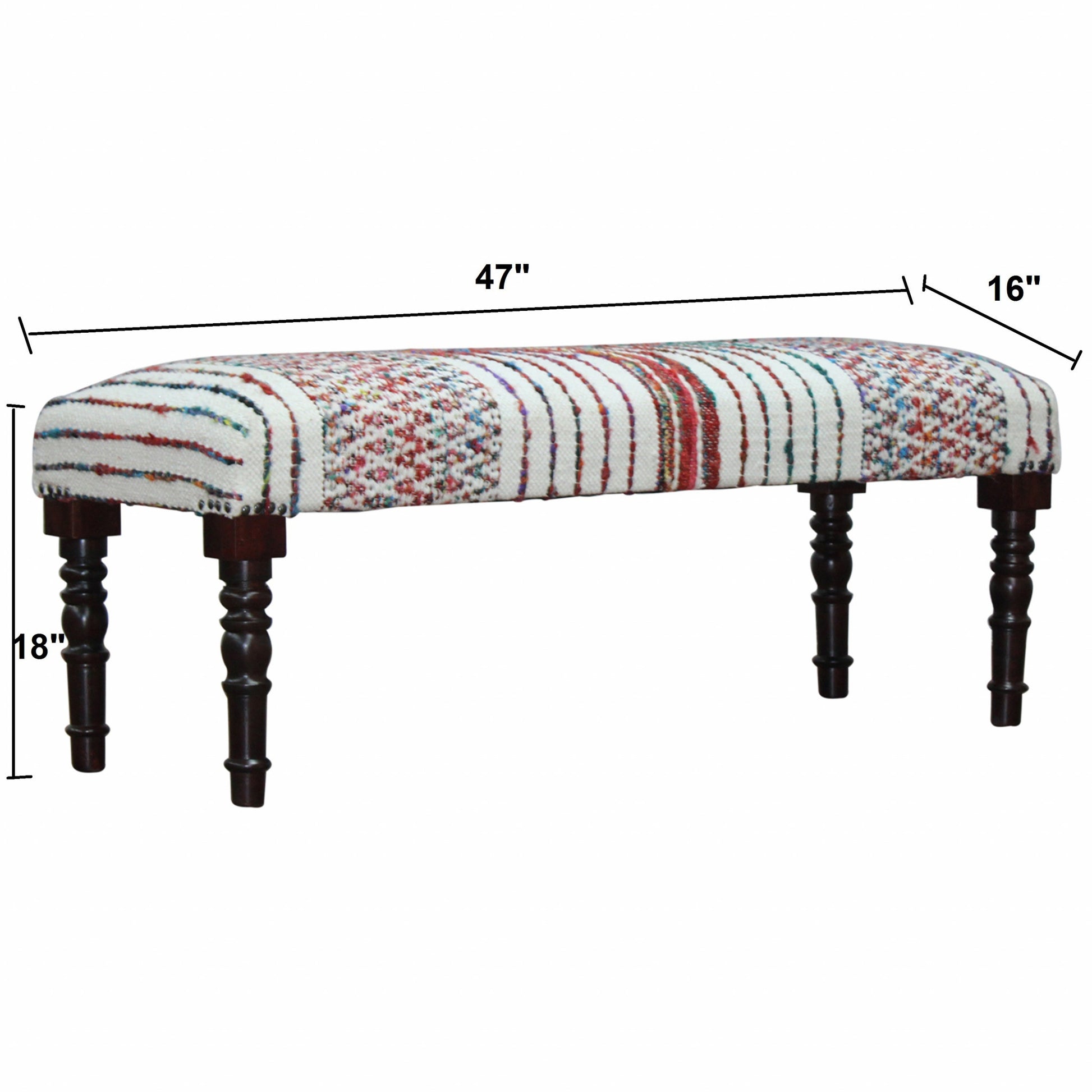 47" Ivory Red and Pink Black Leg Chevron Stripe Upholstered Bench-Benches-DECOROLALA