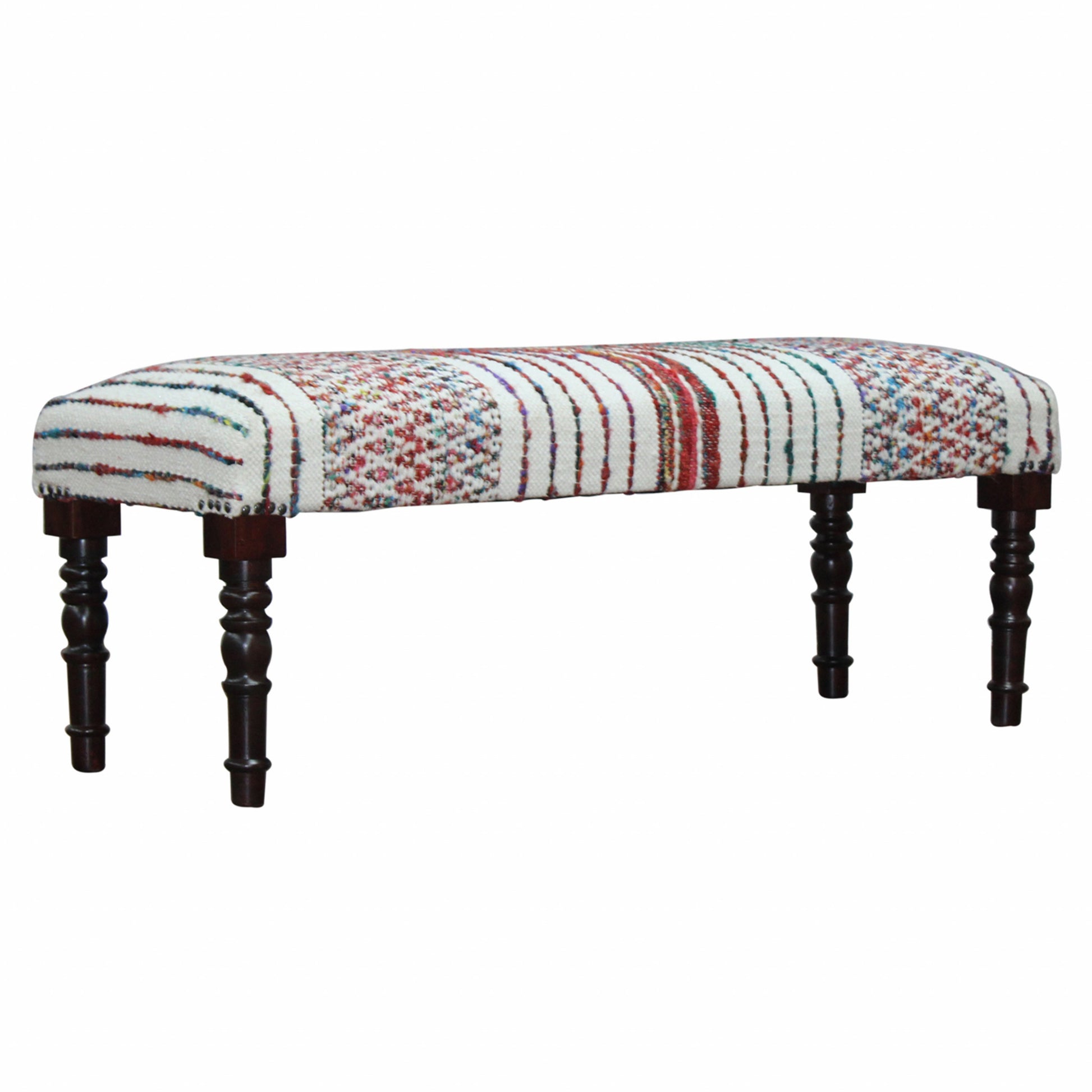 47" Ivory Red and Pink Black Leg Chevron Stripe Upholstered Bench-Benches-DECOROLALA