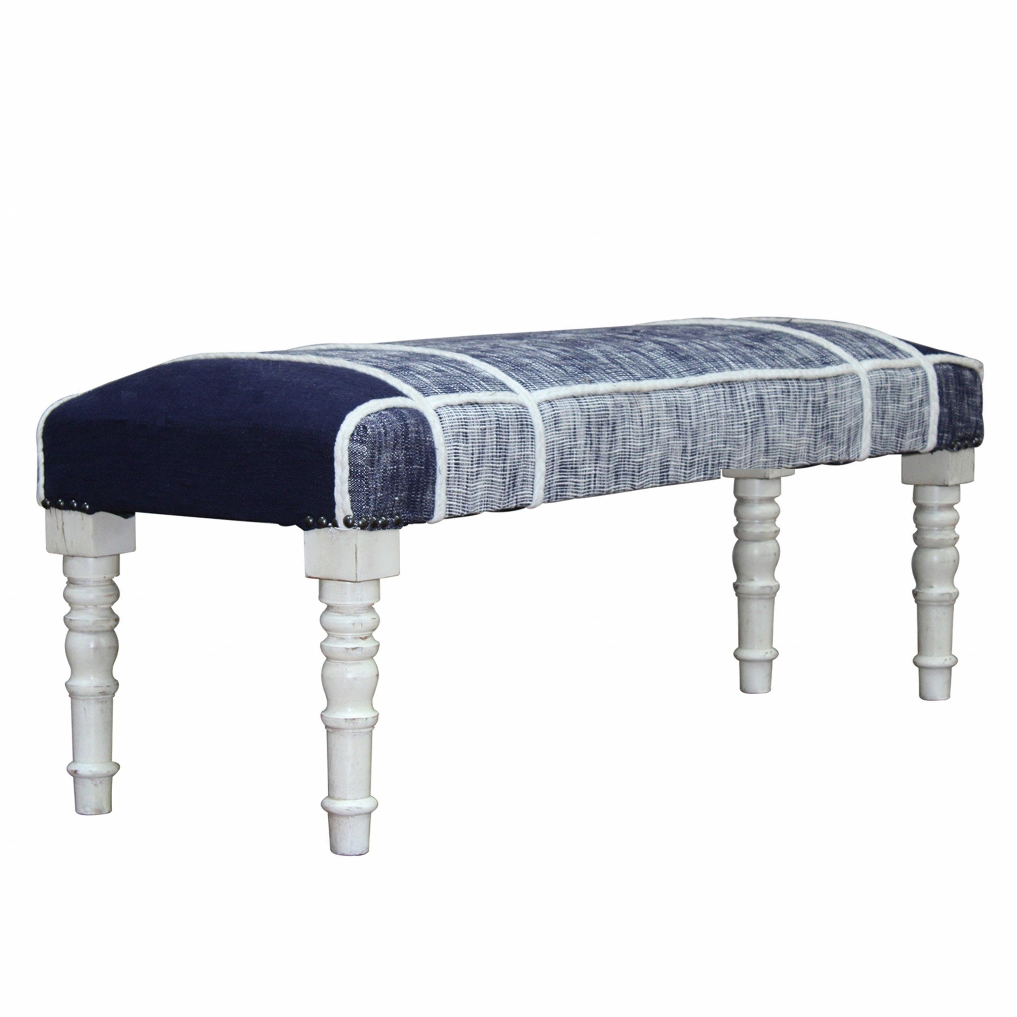 47" Blue And Gray Textural White Leg Upholstered Bench-Benches-DECOROLALA