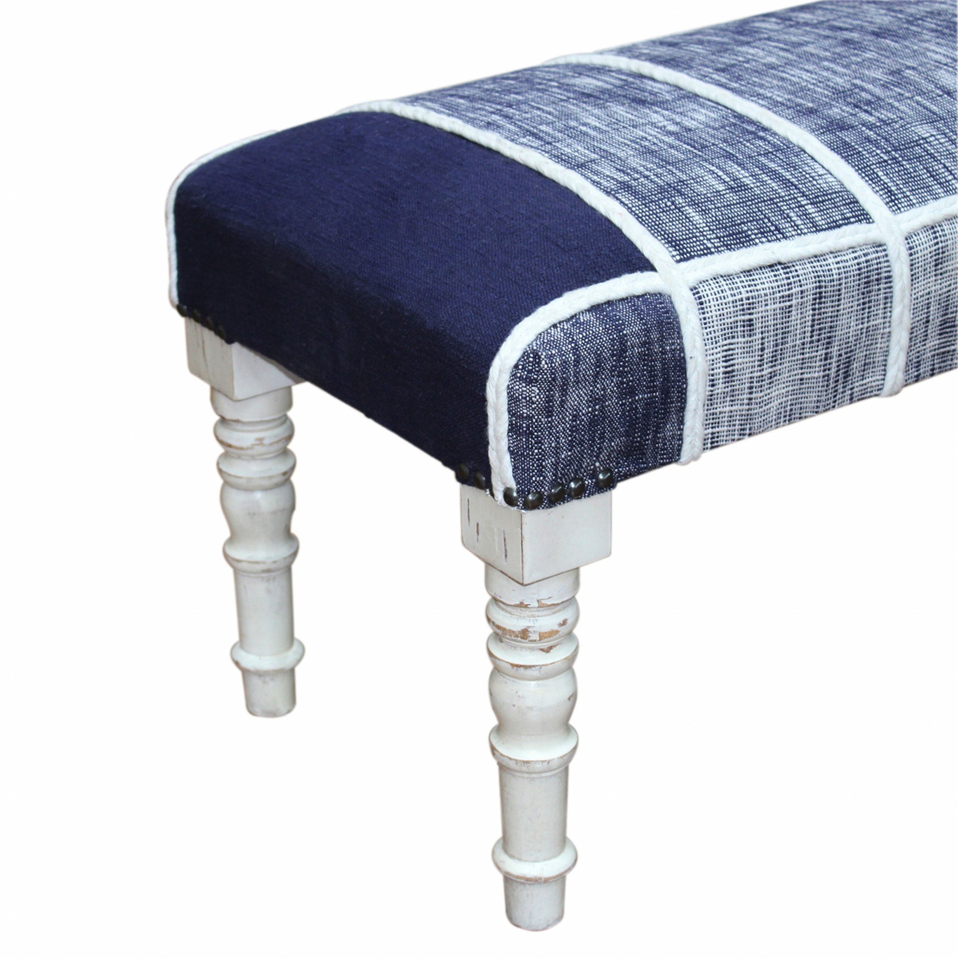 47" Blue And Gray Textural White Leg Upholstered Bench-Benches-DECOROLALA