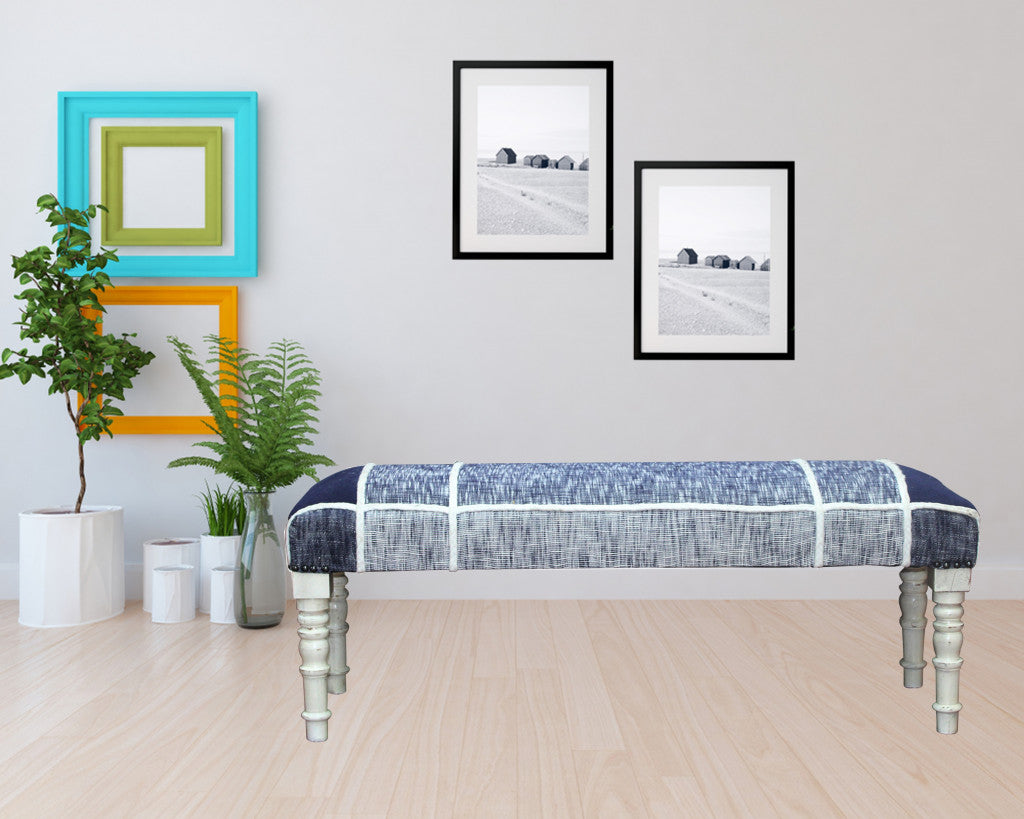 47" Blue And Gray Textural White Leg Upholstered Bench-Benches-DECOROLALA
