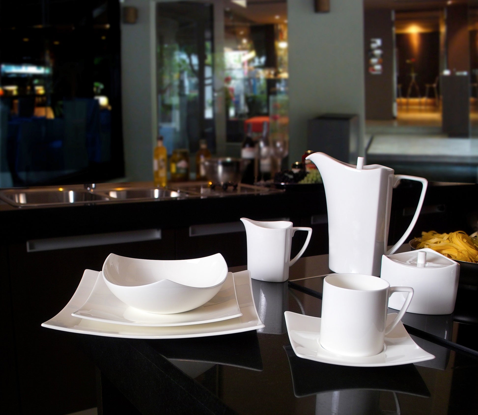 White Five Piece Square Bone China Dinnerware Set-6