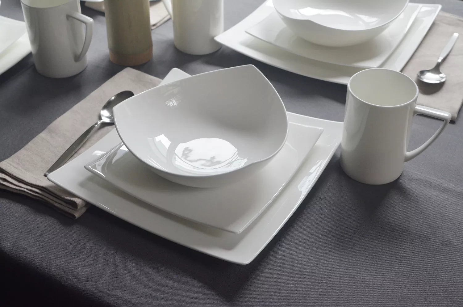 White Four Piece Square Bone China Dinnerware Set-8