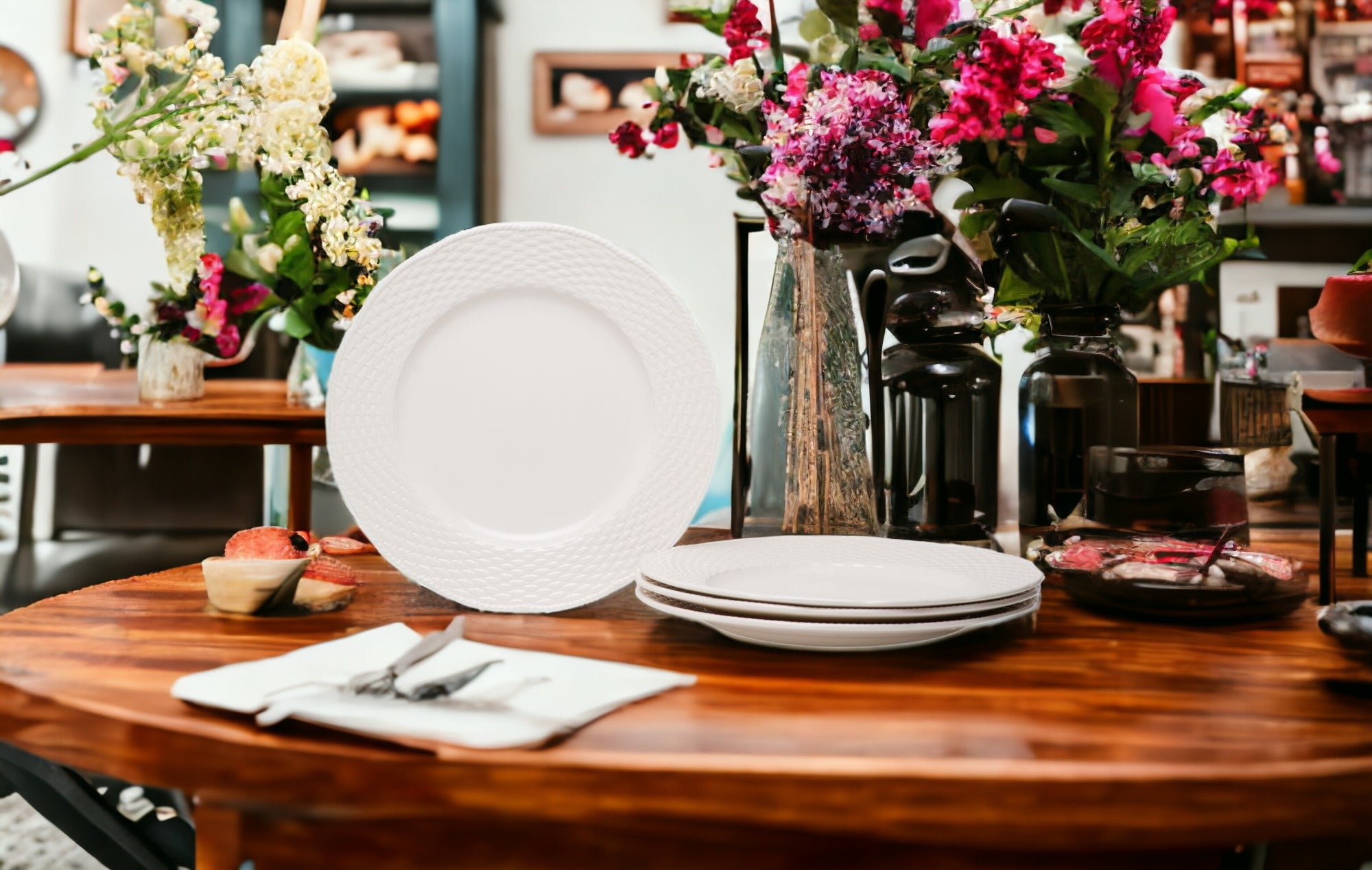 White Four Piece Weave Stoneware Service For Four Dinner Plate Set-Dinnerware-DECOROLALA