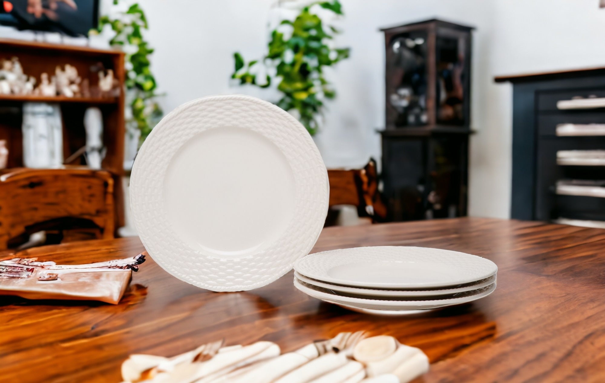 White Four Piece Round Weave Stoneware Service For Four Salad Plate Set-Dinnerware-DECOROLALA