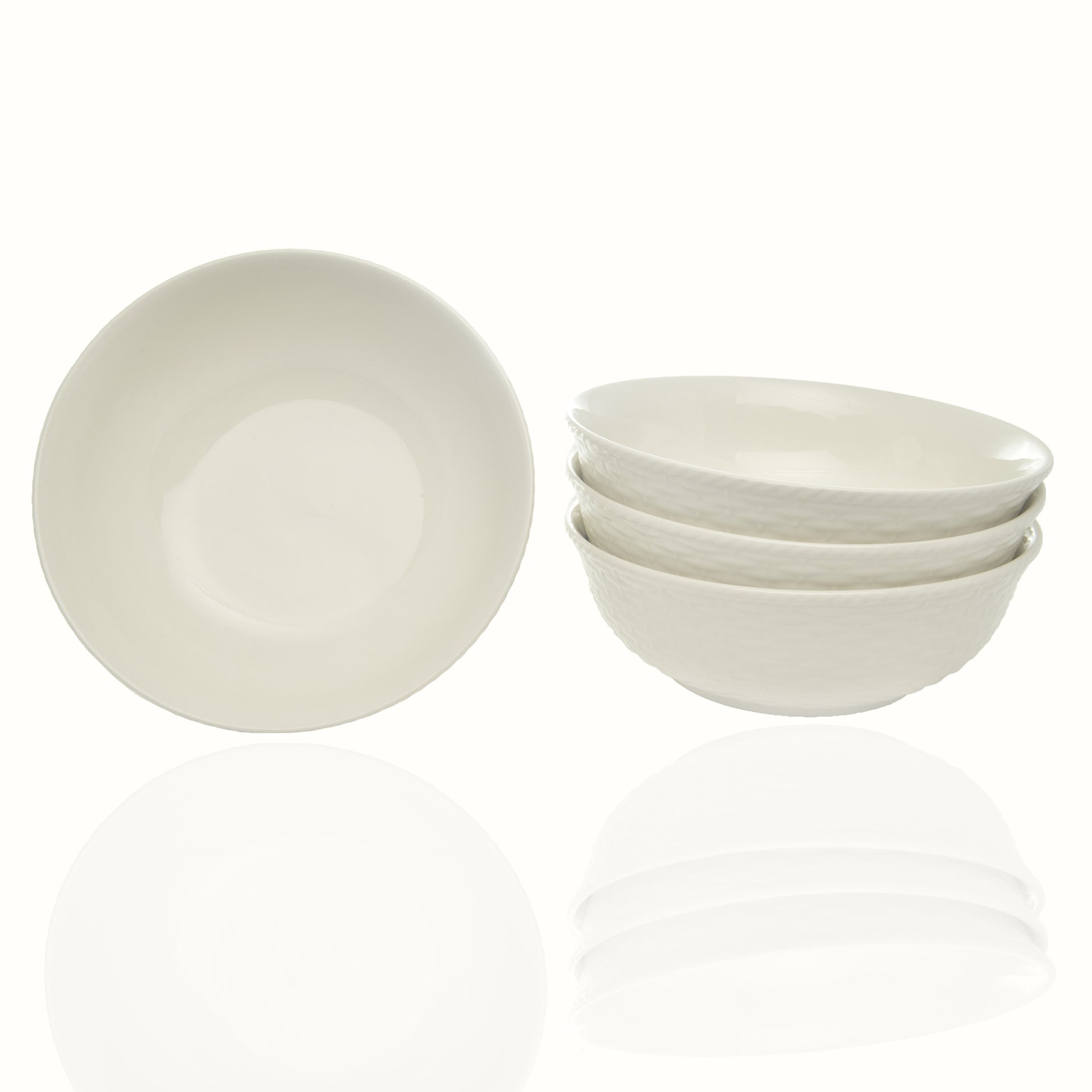 White Four Piece Round Weave Stoneware Service For Four Bowl Set-Dinnerware-DECOROLALA