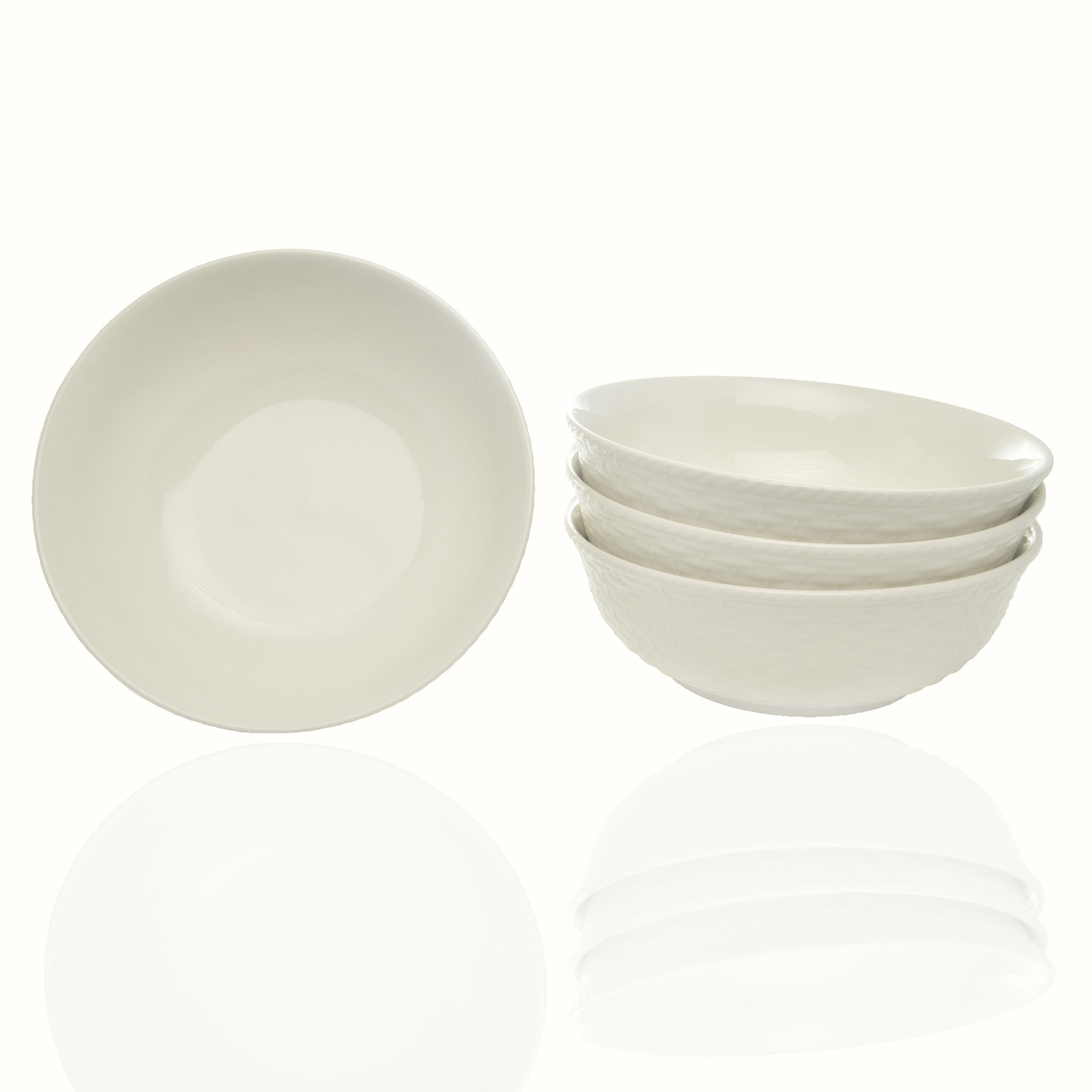 White Four Piece Round Weave Stoneware Service For Four Bowl Set-Dinnerware-DECOROLALA