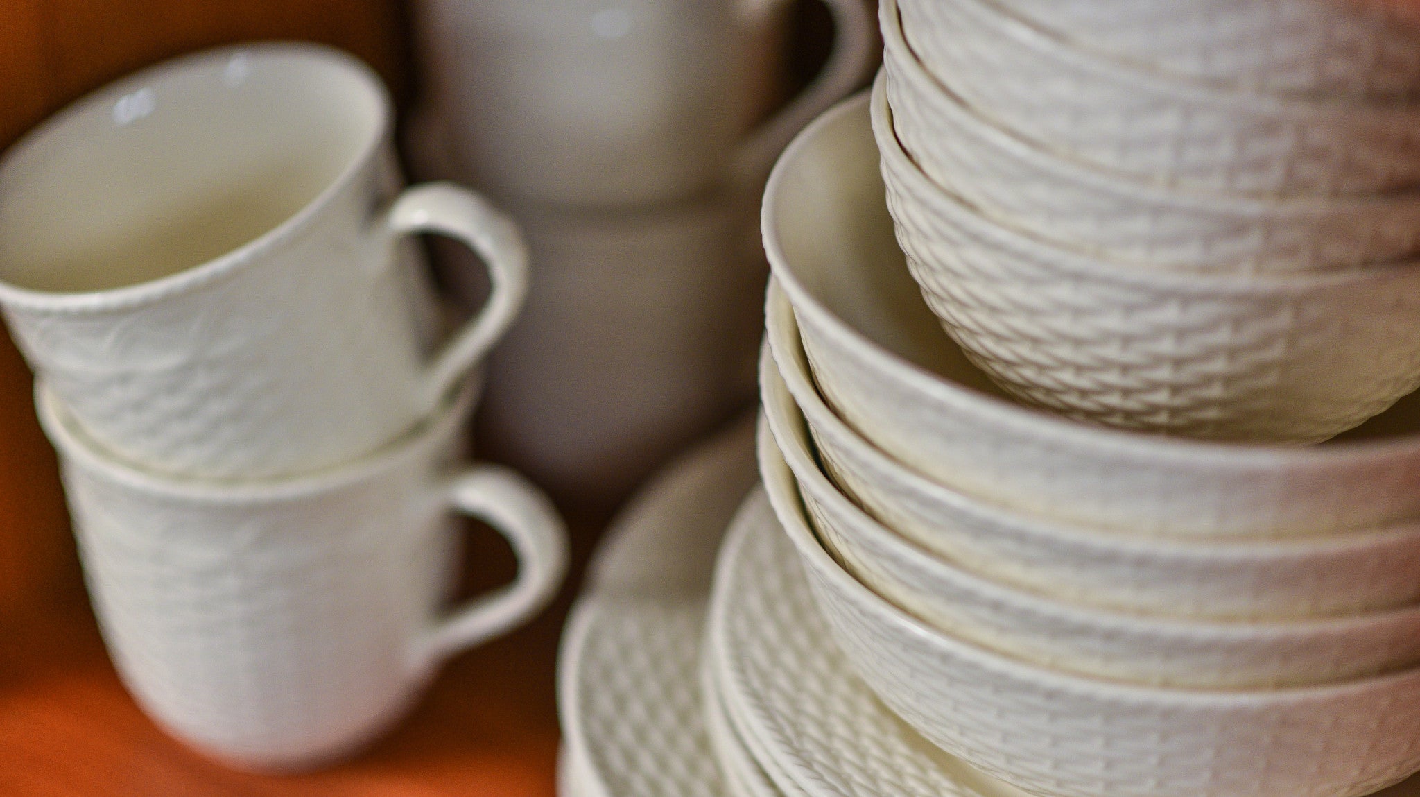 White Four Piece Round Weave Stoneware Service For Four Bowl Set-Dinnerware-DECOROLALA